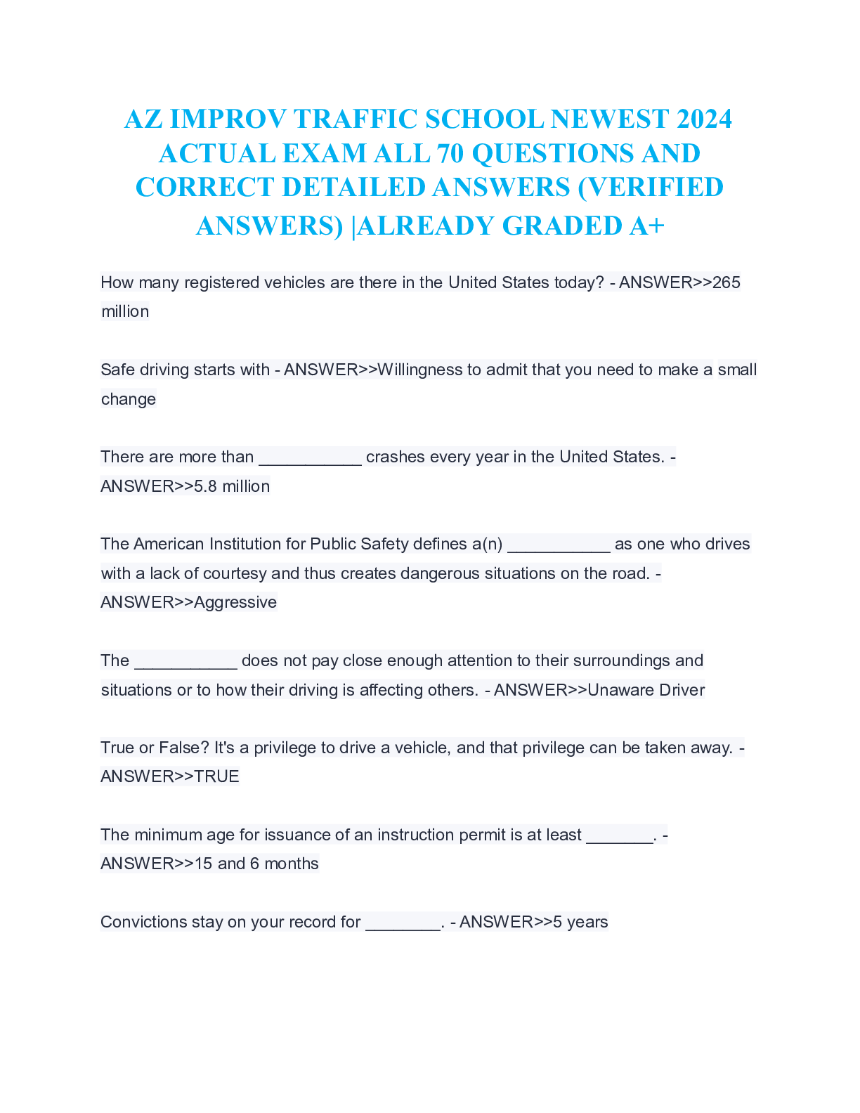 Preview image for AZ IMPROV TRAFFIC SCHOOL NEWEST 2024 ACTUAL EXAM ALL 70 QUESTIONS AND VERIFIED ANSWERS