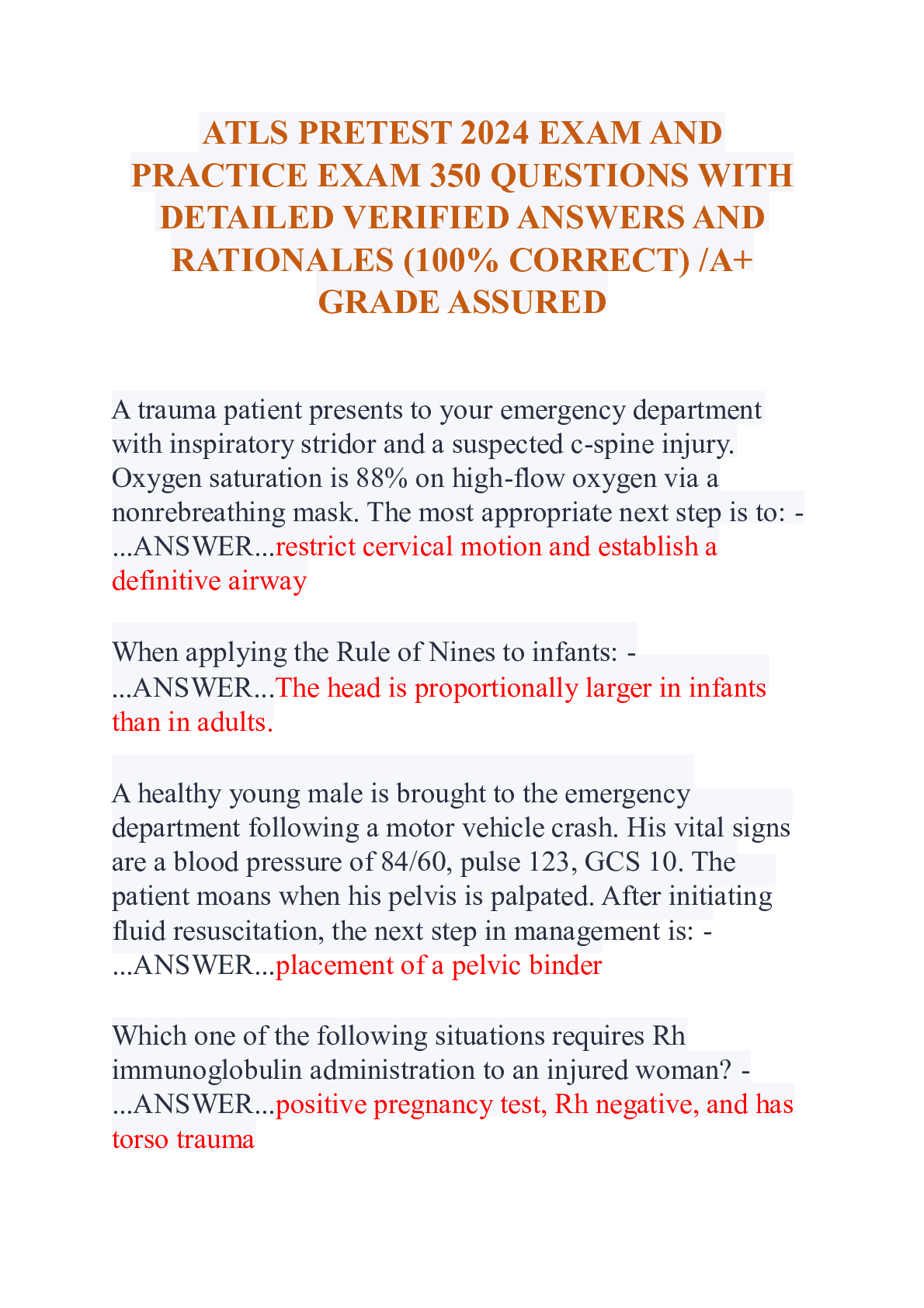 Preview image for ATLS PRETEST 2024 EXAM AND PRACTICE EXAM 350 QUESTIONS WITH VERIFIED ANSWERS