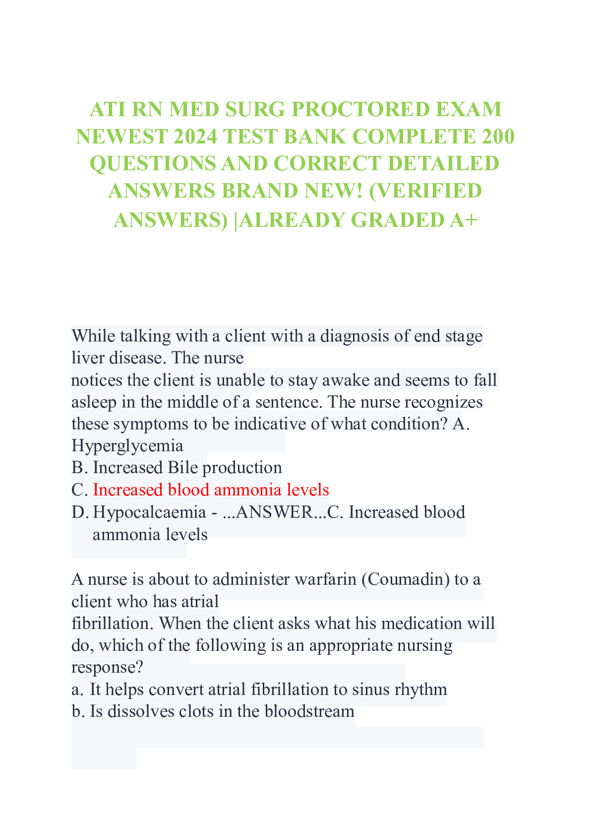 Preview image for ATI RN MED SURG PROCTORED EXAM NEWEST 2024 TEST BANK COMPLETE 200 QUESTIONS AND CORRECT DETAILED ANSWERS BRAND NEW