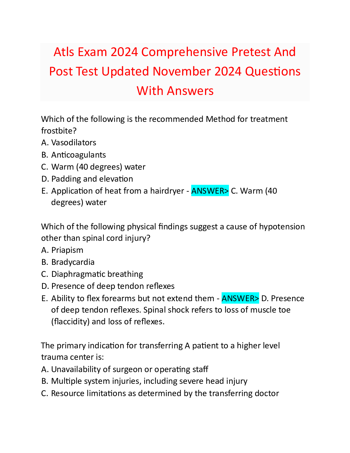 Preview image for Atls Exam 2024 Comprehensive Pretest And Post Test Updated November 2024 Questions With Answers