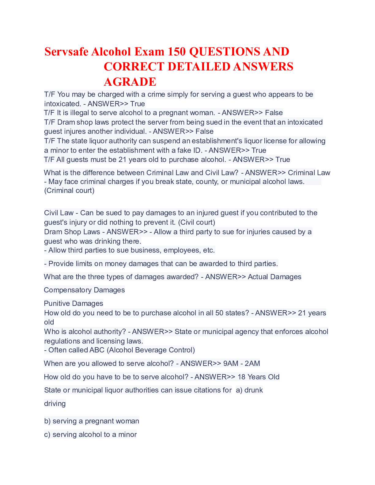 Preview image for Servsafe Alcohol Exam 150 QUESTIONS AND CORRECT DETAILED ANSWERS AGRADE