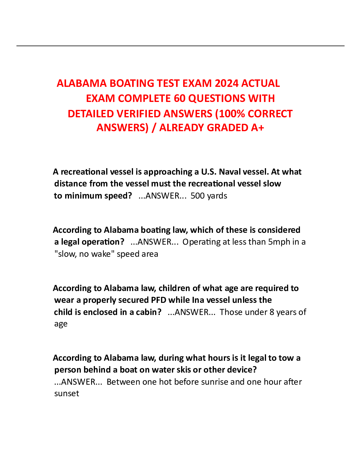 Preview image for ALABAMA BOATING TEST EXAM 2024 ACTUAL EXAM COMPLETE 60 QUESTIONS WITH VERIFIED ANSWERS