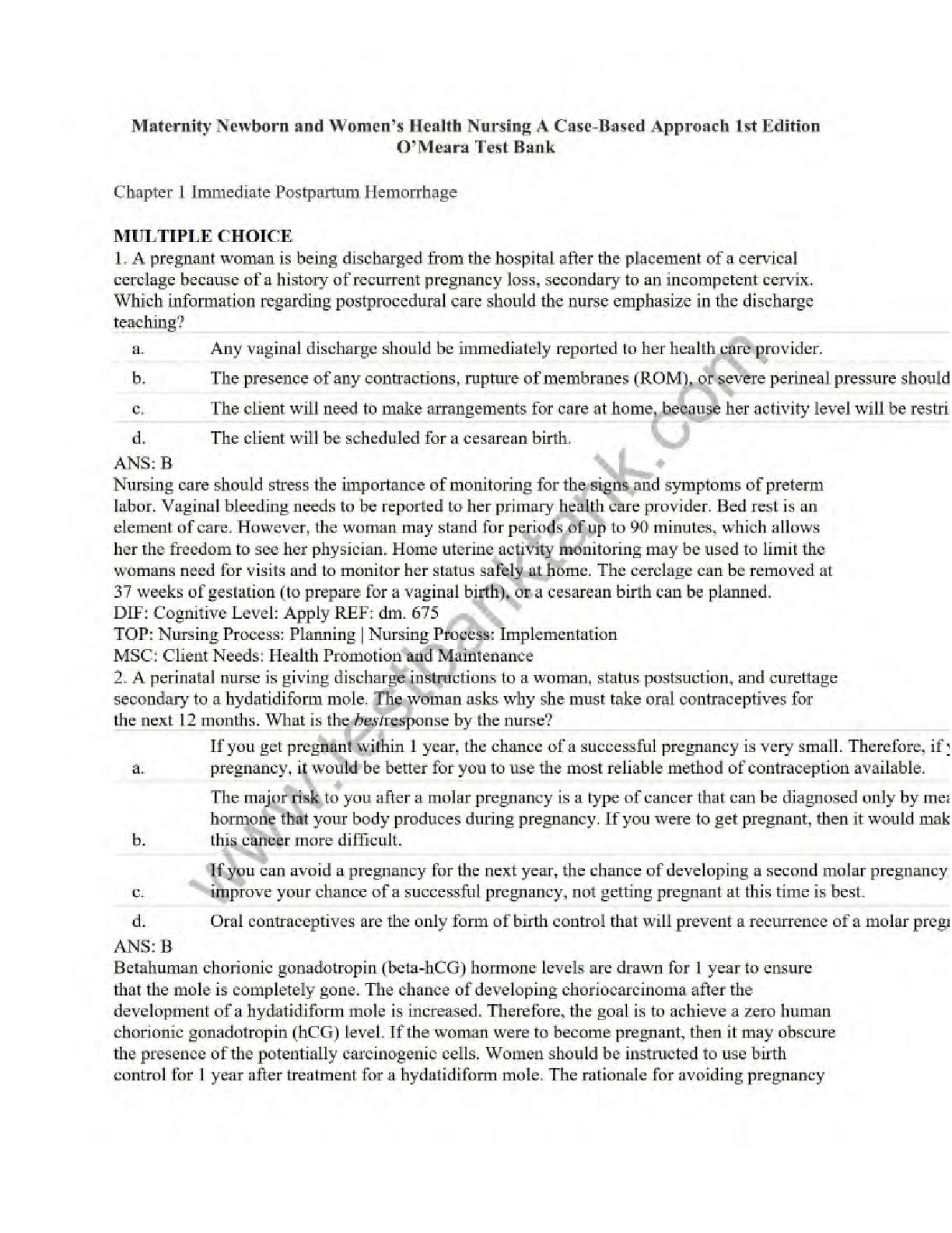 Preview image for Test Bank: Maternity, Newborn, and Women’s Health Nursing – A Case-Based Approach (1st Edition by O’Meara)