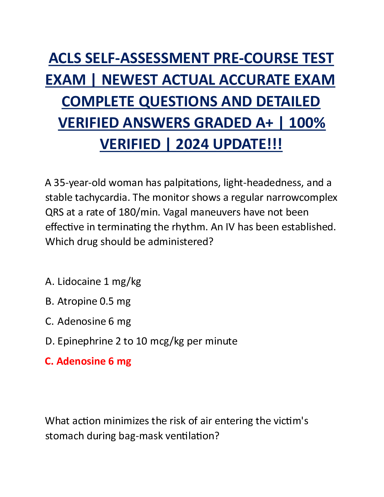Preview image for ACLS SELF-ASSESSMENT PRE-COURSE TEST EXAM  NEWEST ACTUAL ACCURATE COMPLETE QUESTIONS AND DETAILED VERIFIED ANSWERS GRADED A+