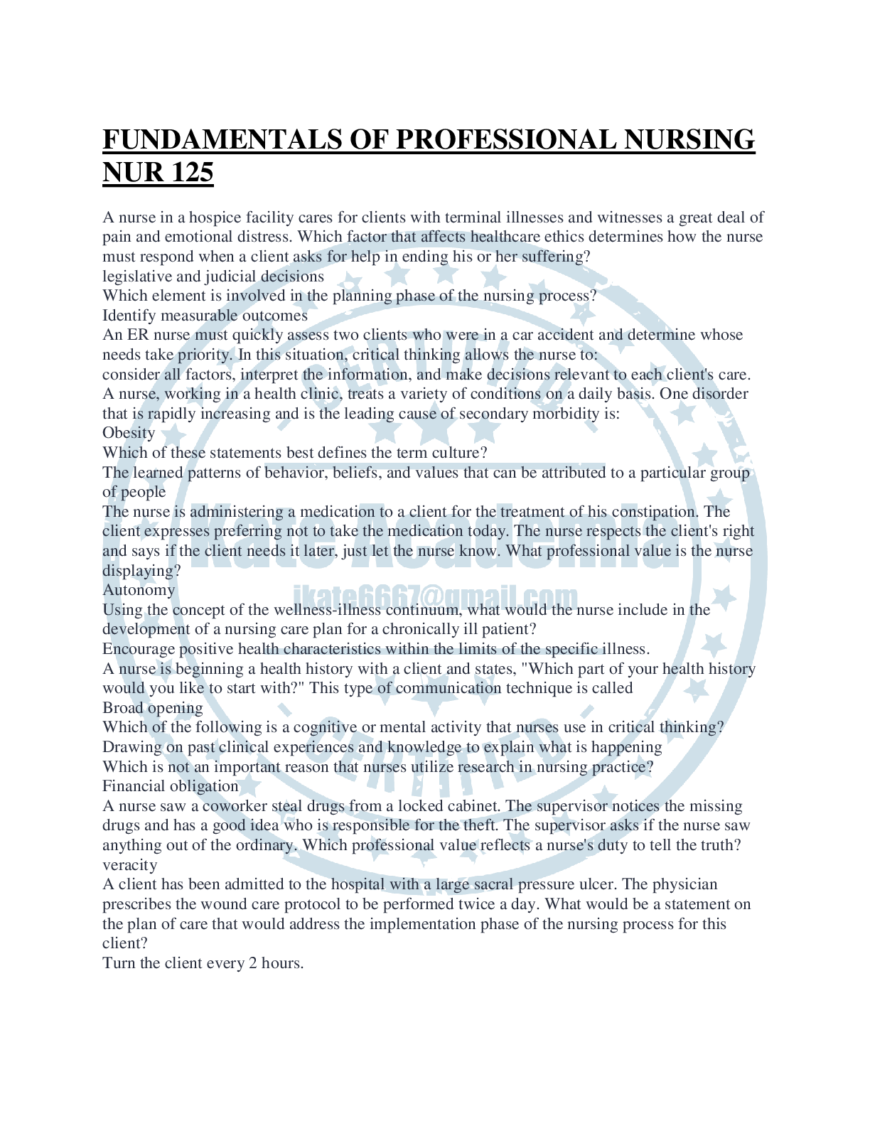 Preview image for FUNDAMENTALS OF PROFESSIONAL NURSING NUR 125.