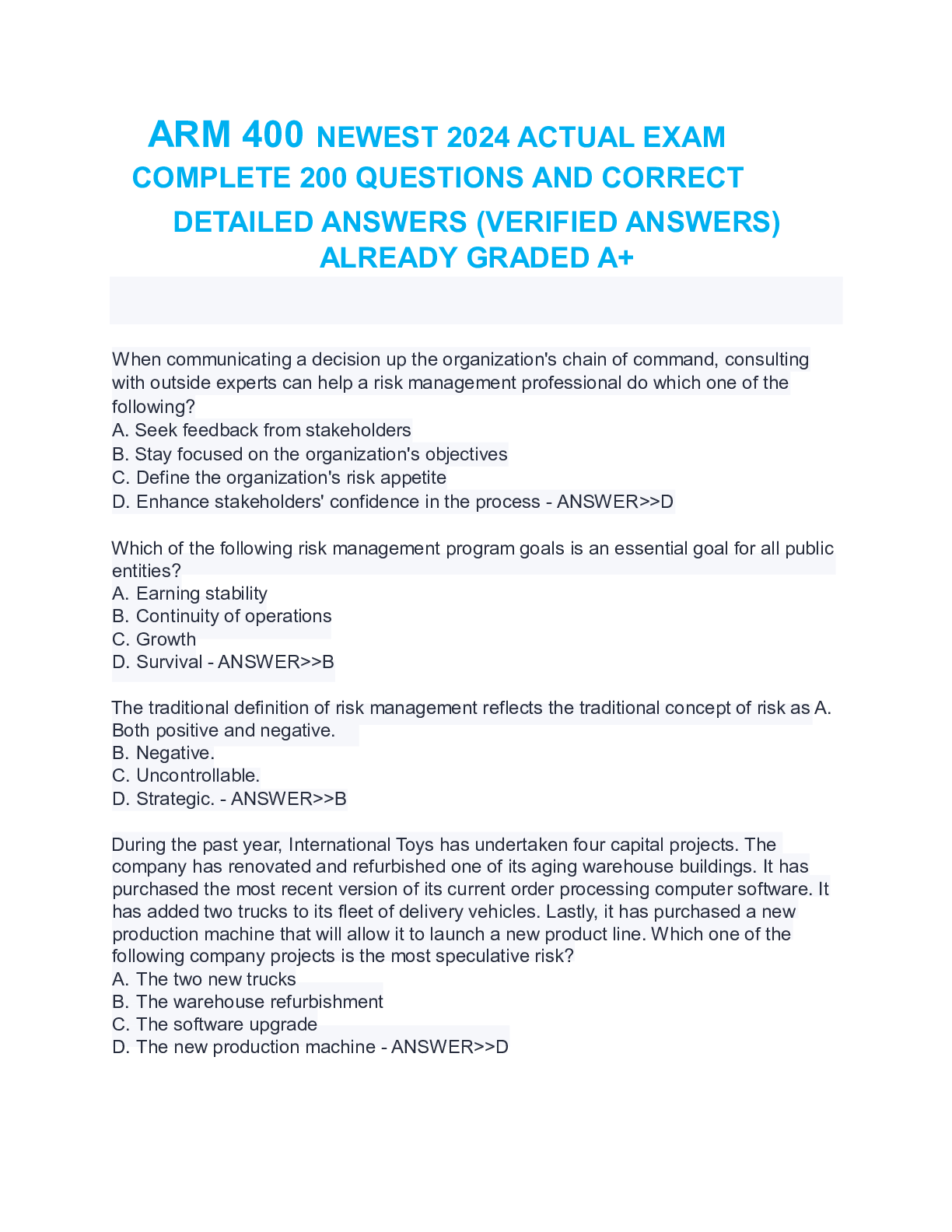 Preview image for ARM 400 NEWEST 2024 ACTUAL EXAM COMPLETE 200 QUESTIONS AND CORRECT VERIFIED ANSWERS