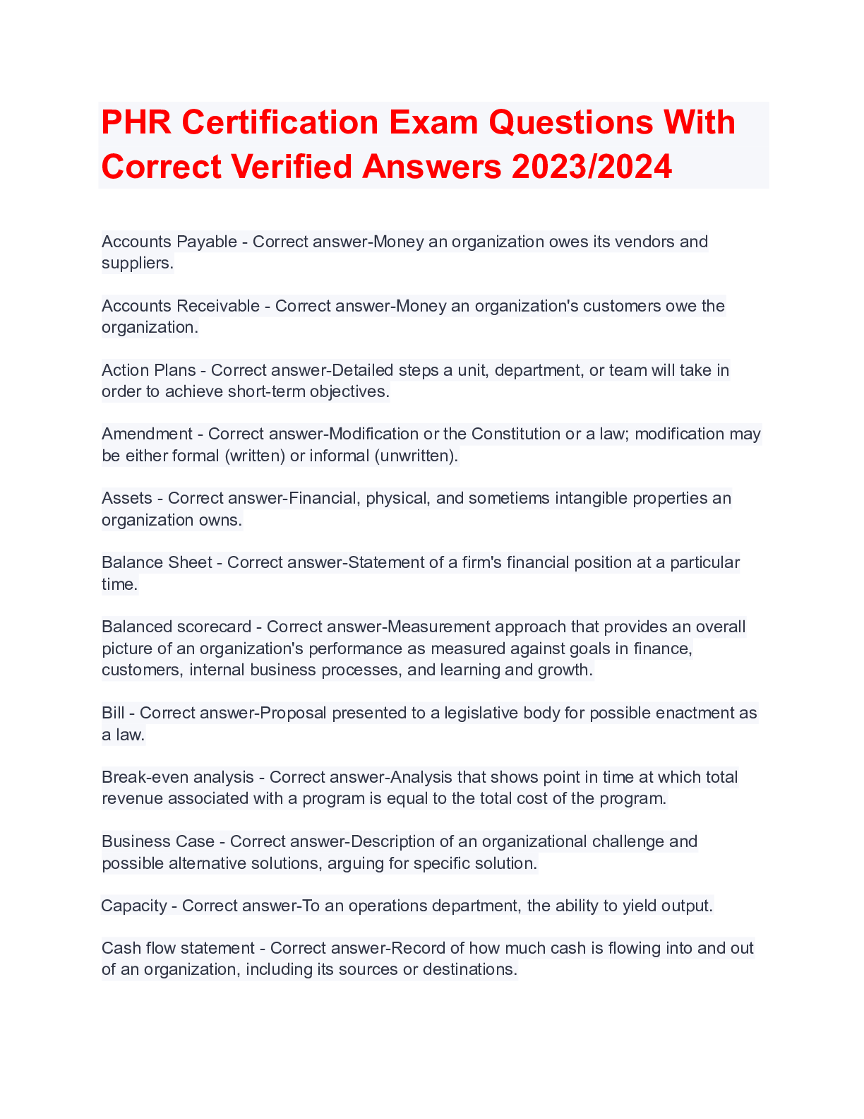 Preview image for PHR Certification Exam Questions With Correct Verified Answers 2023-2024