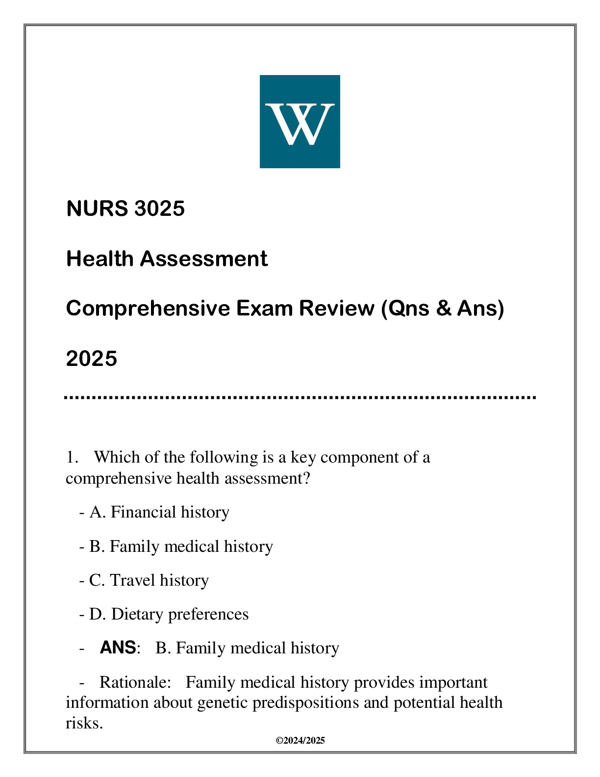 Preview image for NURS 3025 Health Assessment (WU) Comprehensive Exam Review Qns & Ans 2025