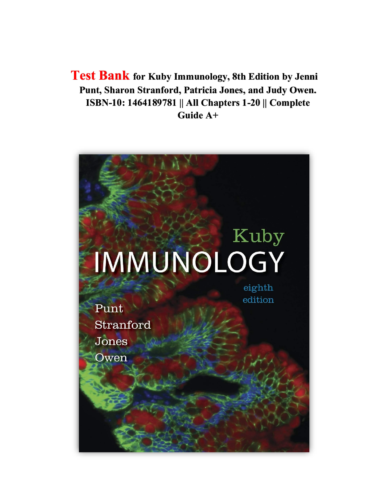 Preview image for Test Bank for Kuby Immunology, 8th Edition by Jenni Punt, Sharon Stranford, Patricia Jones, and Judy Owen. ISBN-10: 1464189781 || All Chapters 1-20 || Complete Guide A+ 2025