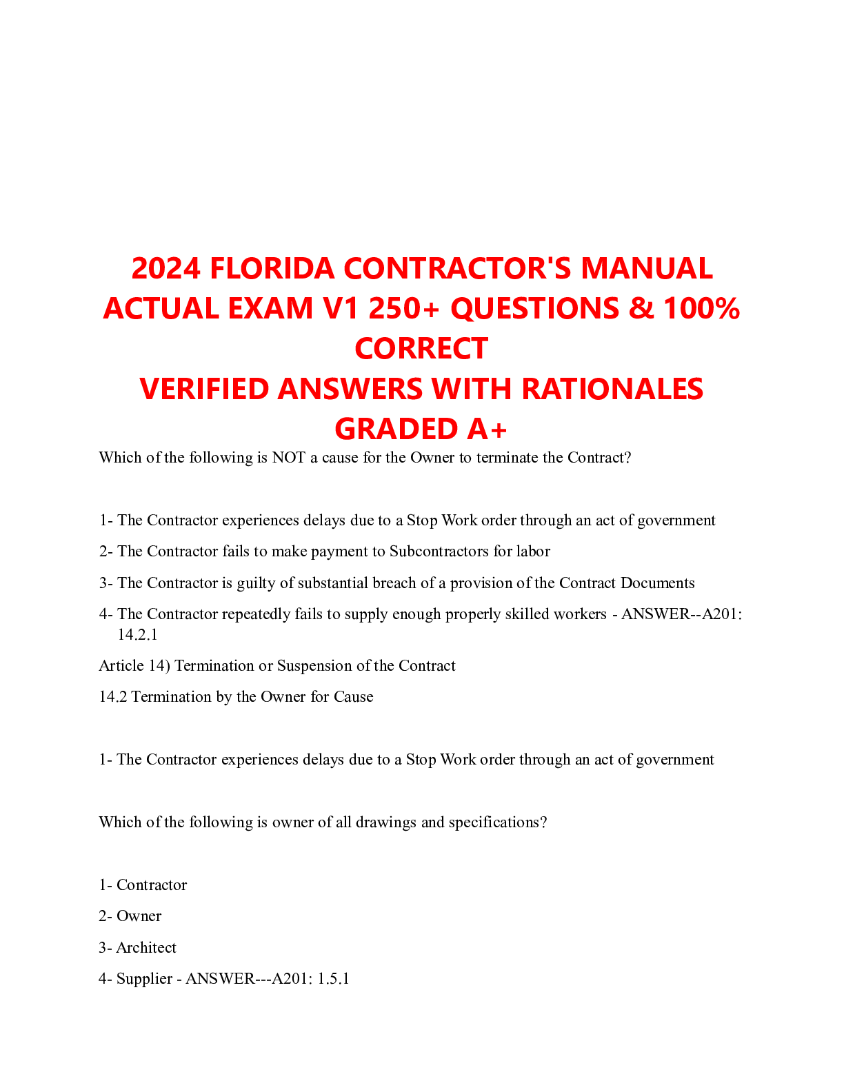 Preview image for 2024 FLORIDA CONTRACTOR'S MANUAL ACTUAL EXAM V1 250+ QUESTIONS _ 100 CORRECT VERIFIED ANSWERS WITH RATIONALES GRADED A+