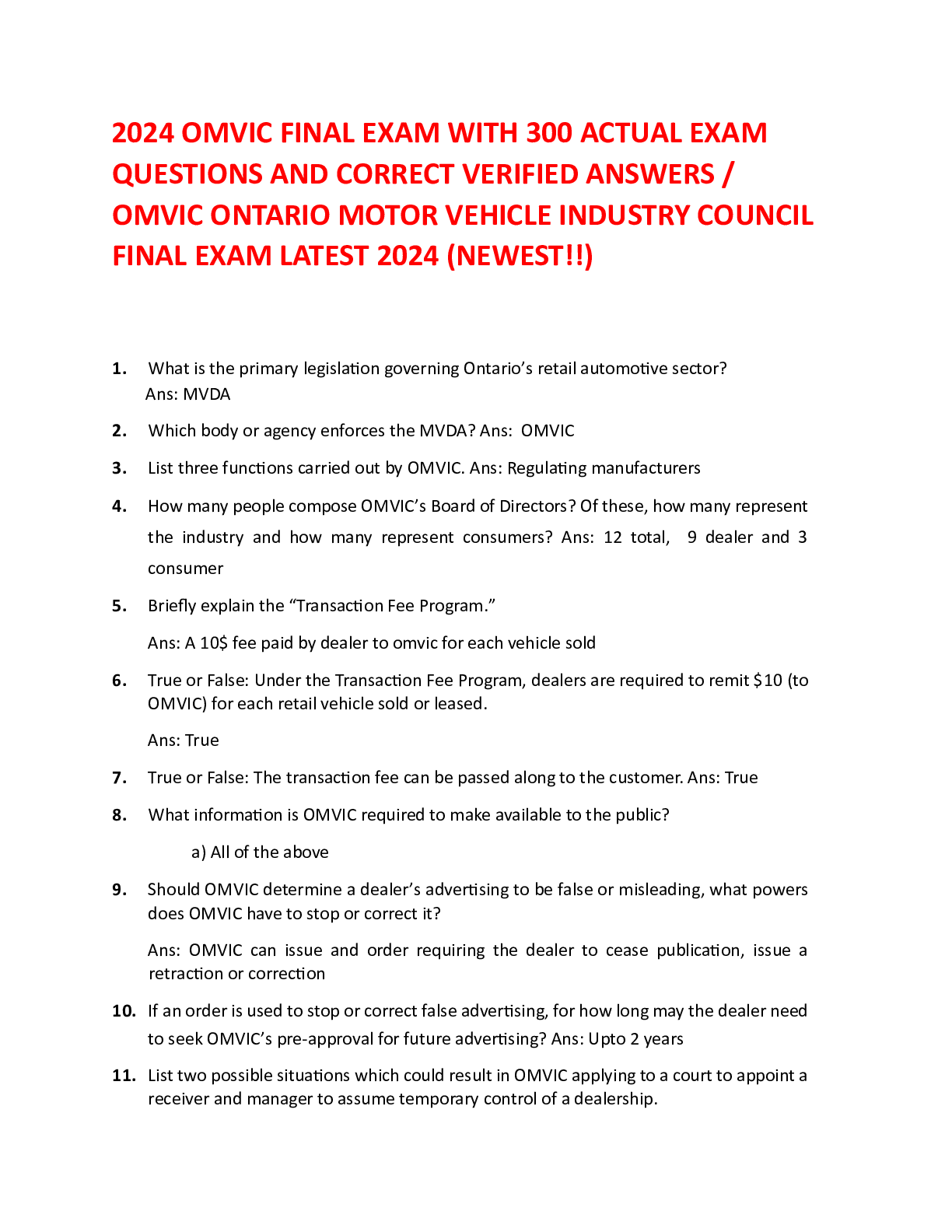 Preview image for 2024 OMVIC FINAL EXAM WITH 300 ACTUAL EXAM QUESTIONS AND CORRECT VERIFIED ANSWERS OMVIC ONTARIO MOTOR VEHICLE INDUSTRY  COUNCIL FINAL EXAM LATEST 2024 (NEWEST!!)