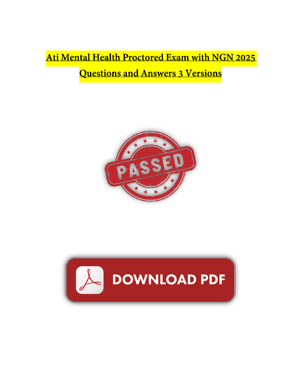 Preview image for ATI Mental Health Proctored Exam With NGN 2025: Questions and Answers || 3 Versions || Answers from Professor Included