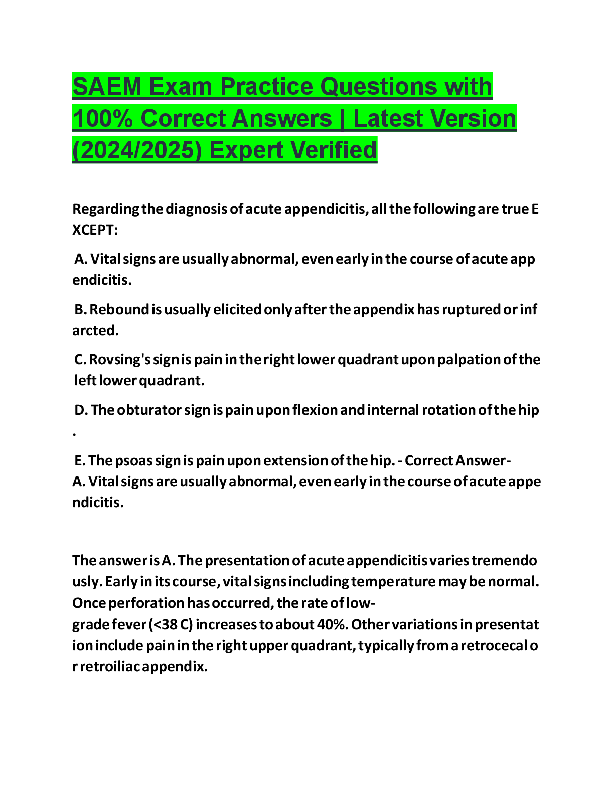 Preview of SAEM Exam Practice Questions with 100% Correct Answers  Latest Version (2024-2025) Expert Verified