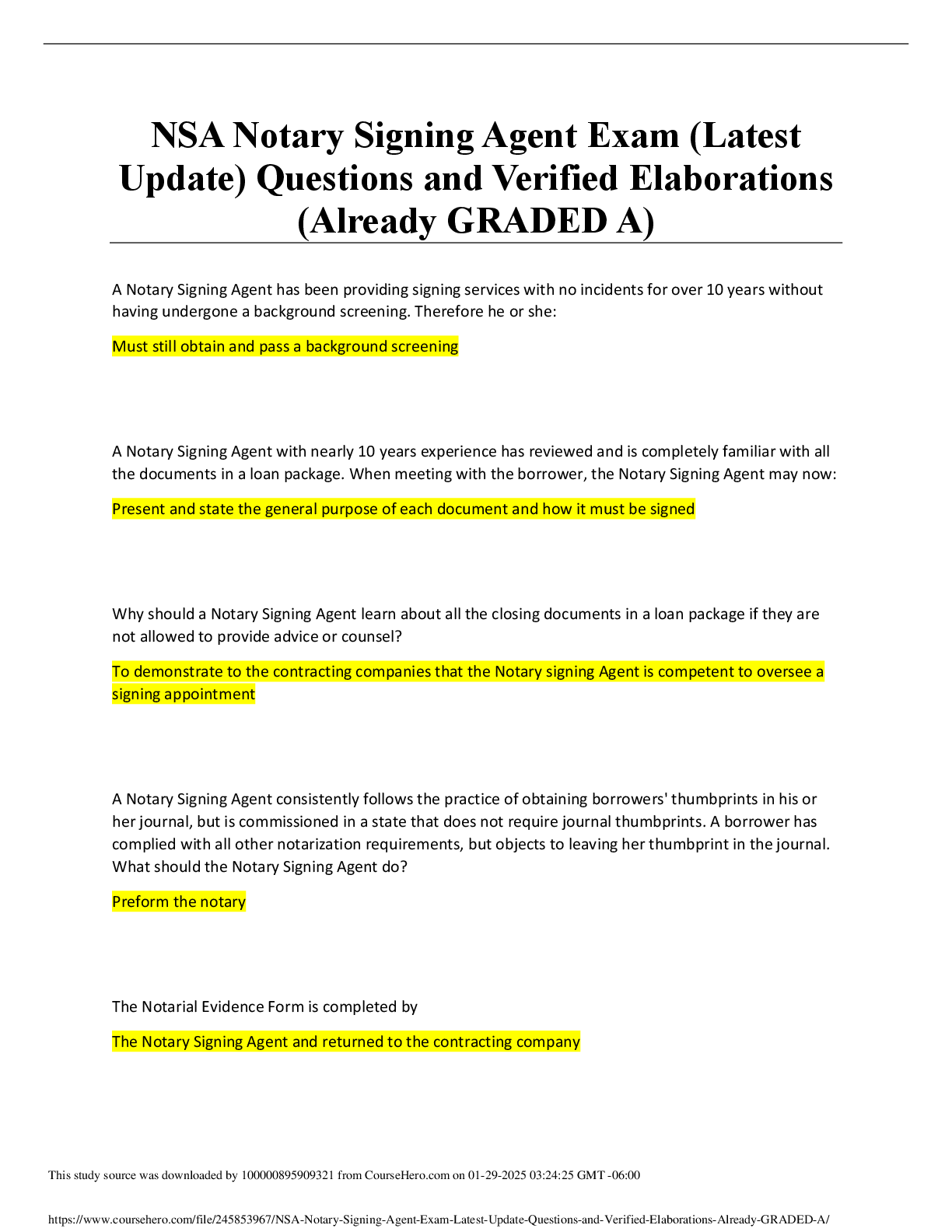 Preview of NSA Notary Signing Agent Exam (Latest Update) Questions and Verified Elaborations (Already