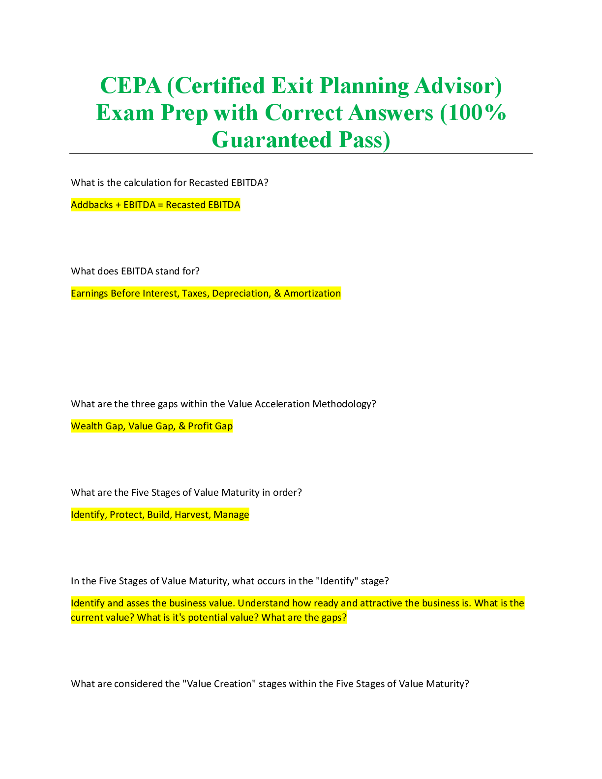 Preview of CEPA (Certified Exit Planning Advisor) Exam Prep with Correct Answers (100% Guaranteed Pas