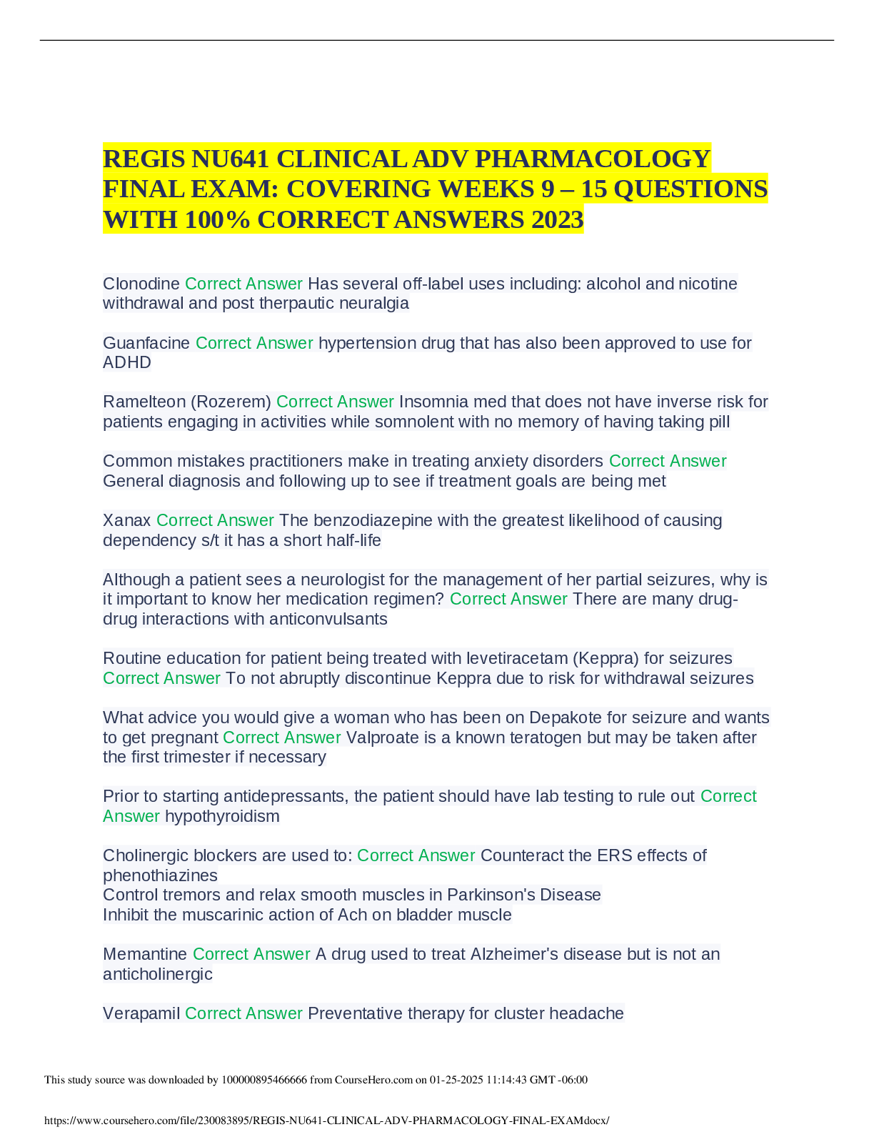 Preview of REGIS NU641 CLINICAL ADV PHARMACOLOGY FINAL EXAM COVERING WEEKS 9 – 15 QUESTIONS WITH 100%