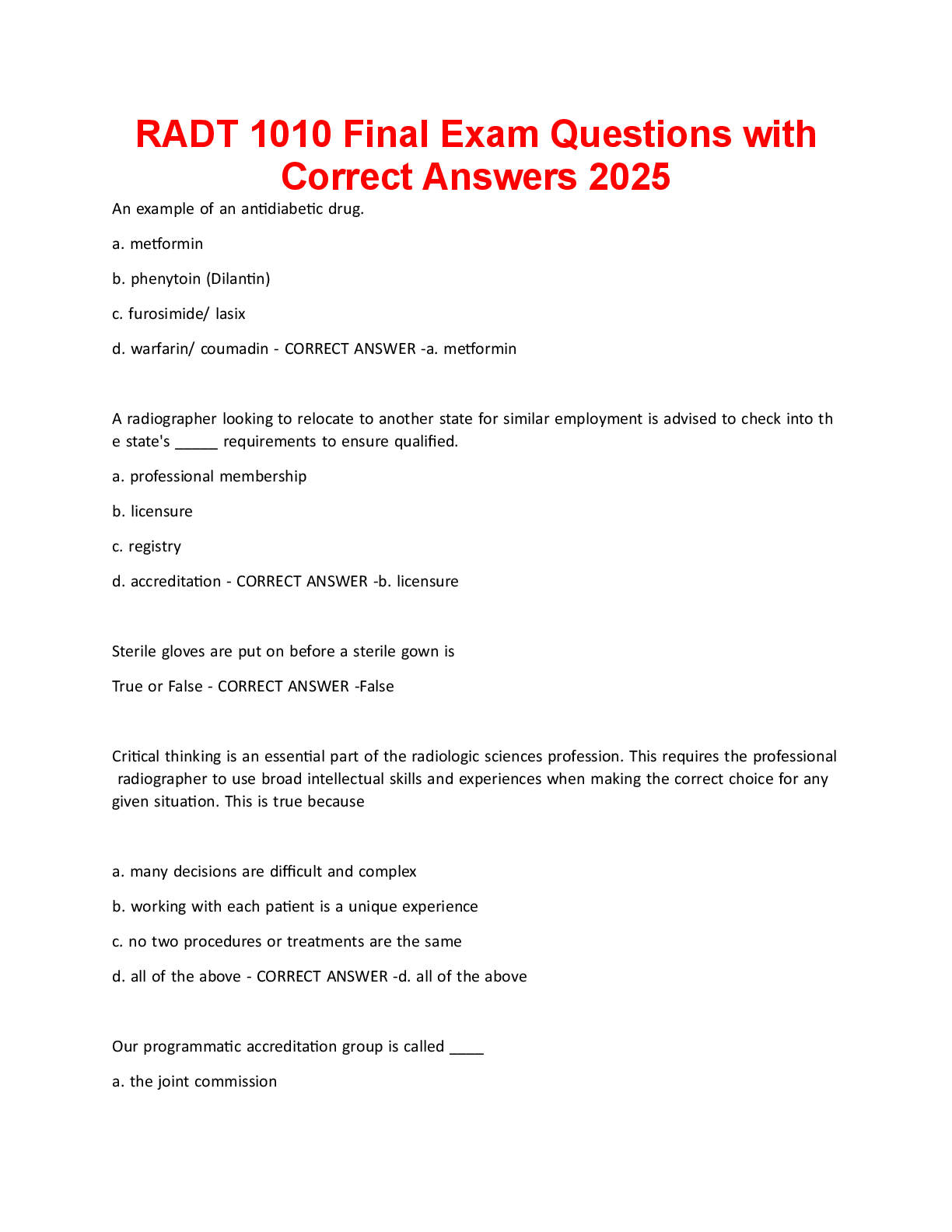 Preview of RADT 1010 Final Exam Questions with Correct Answers 2025