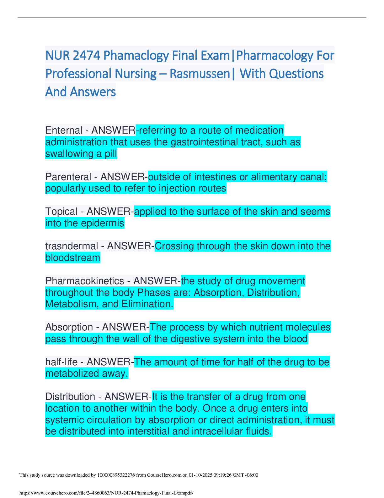 Recommended document preview for NUR 2474 Phamacology Final For Professional Nursing – Rasmussen QA 2024