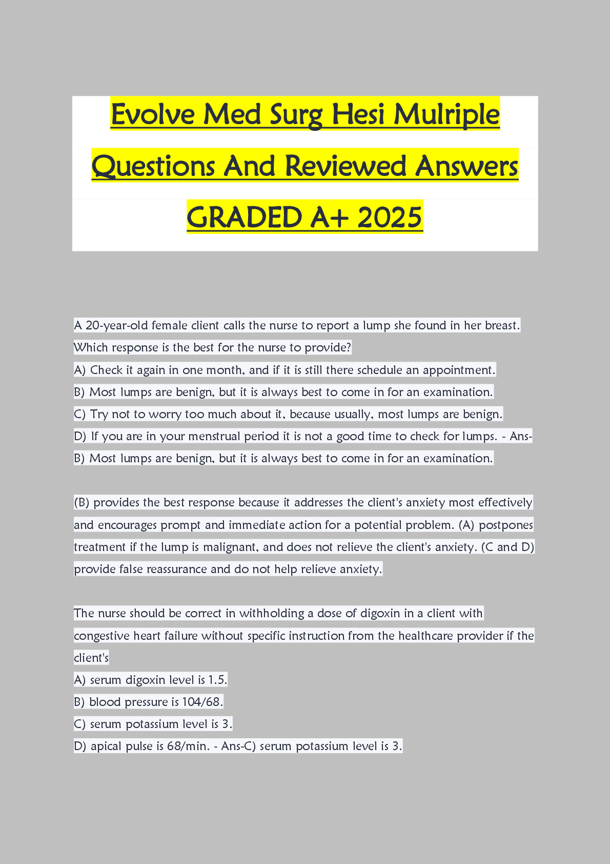 Preview of Evolve Med Surg Hesi Mulriple Questions And Reviewed Answers GRADED A+ 2025