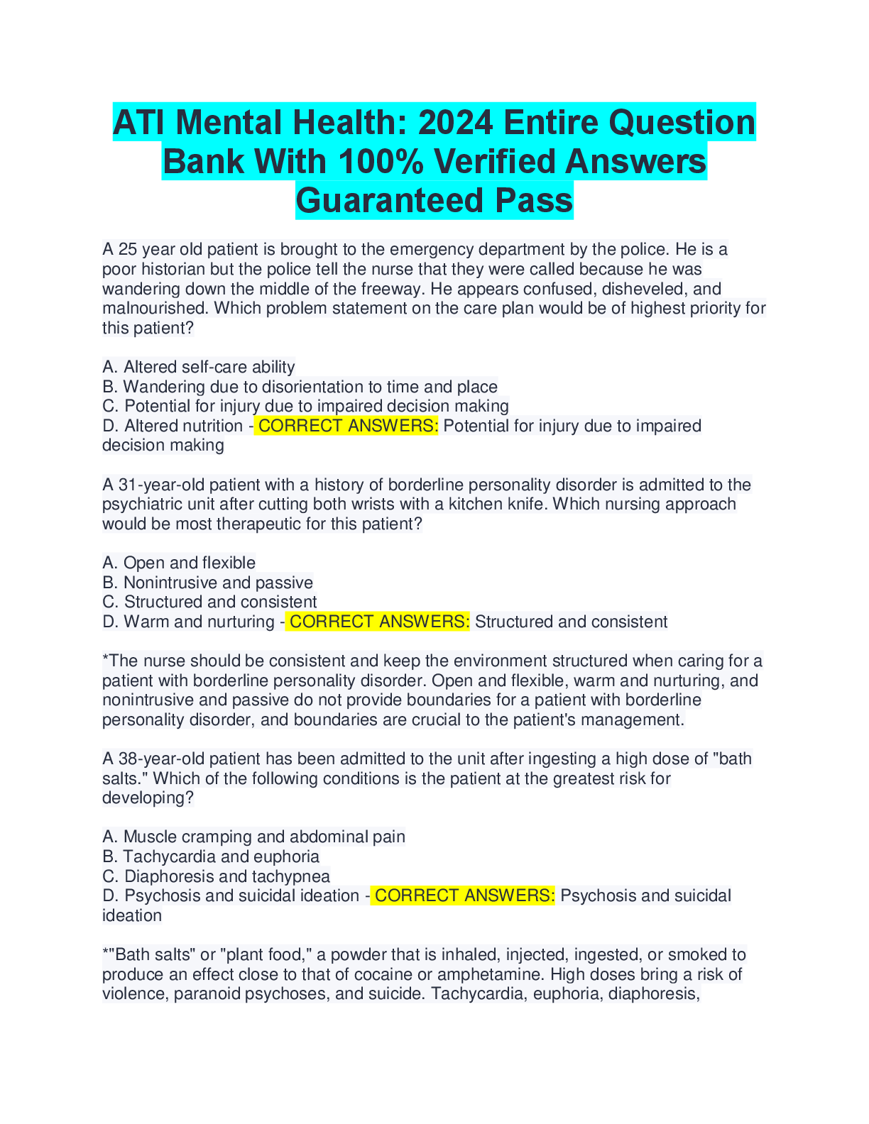 Recommended document preview for ATI Mental Health 2024 Entire Question Bank With 100% Verified Answers Guaranteed Pass