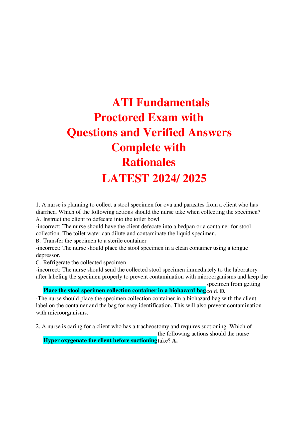 Preview of ATI Fundamentals Proctored Exam with Questions and Verified Answers Complete with Rationales LATEST 2024 2025