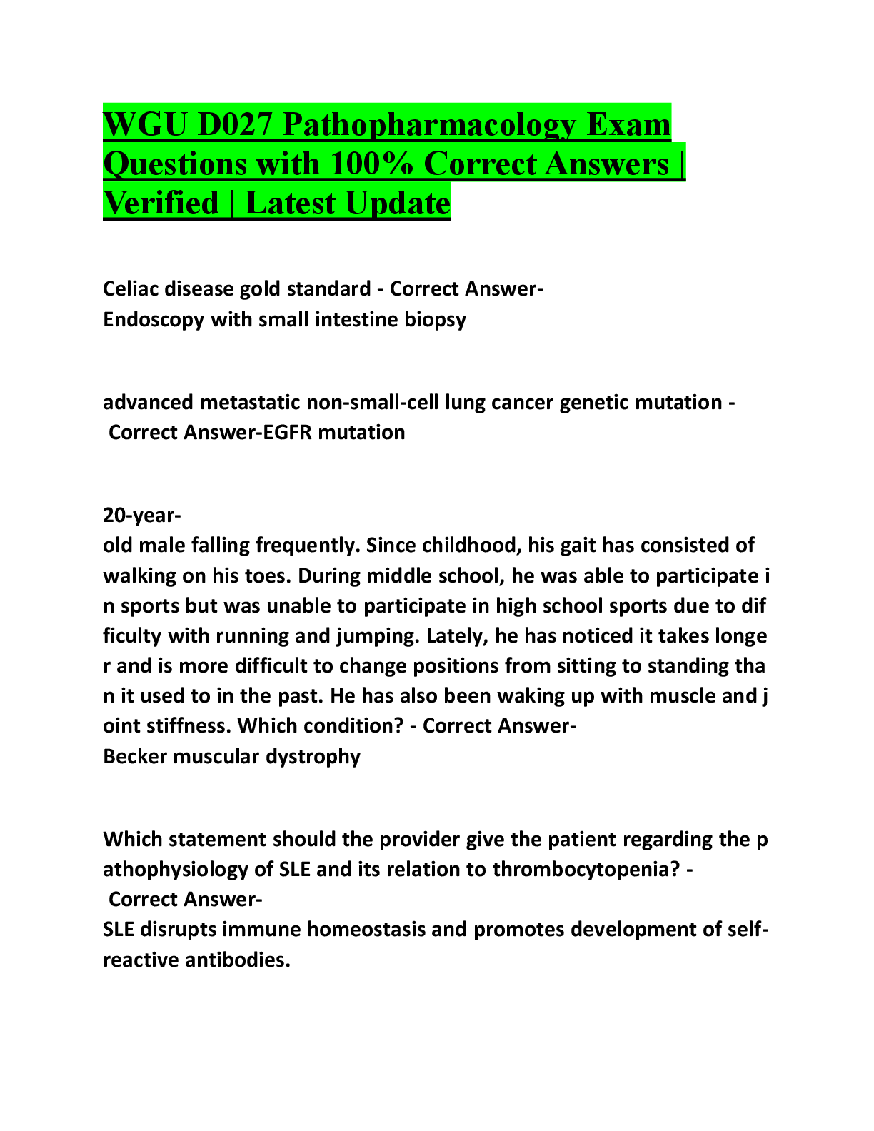 Preview of WGU D027 Pathopharmacology Exam Questions with 100% Correct Answers  Verified  Latest Upda