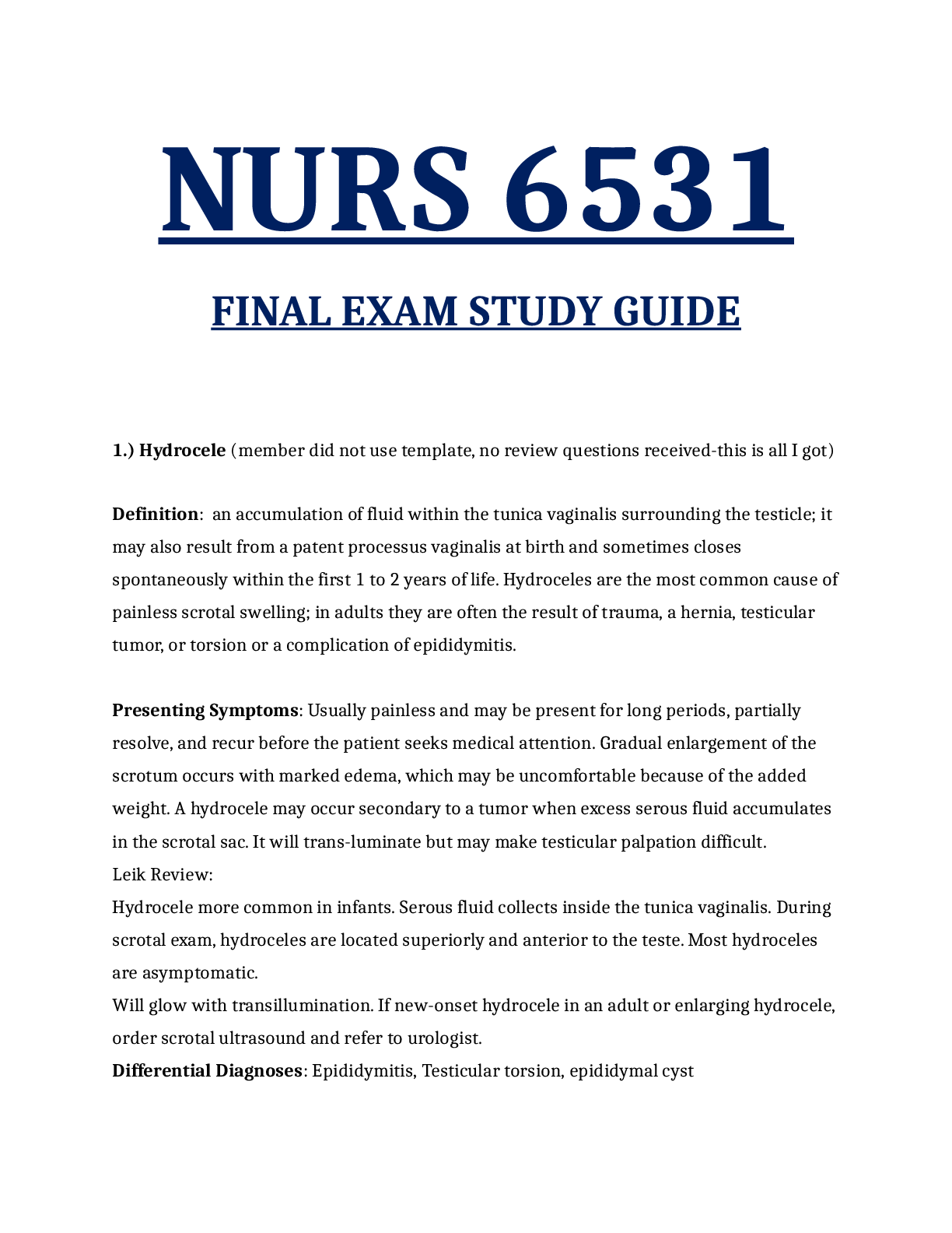 Preview of NURS 6531 FINAL EXAM STUDY GUIDE