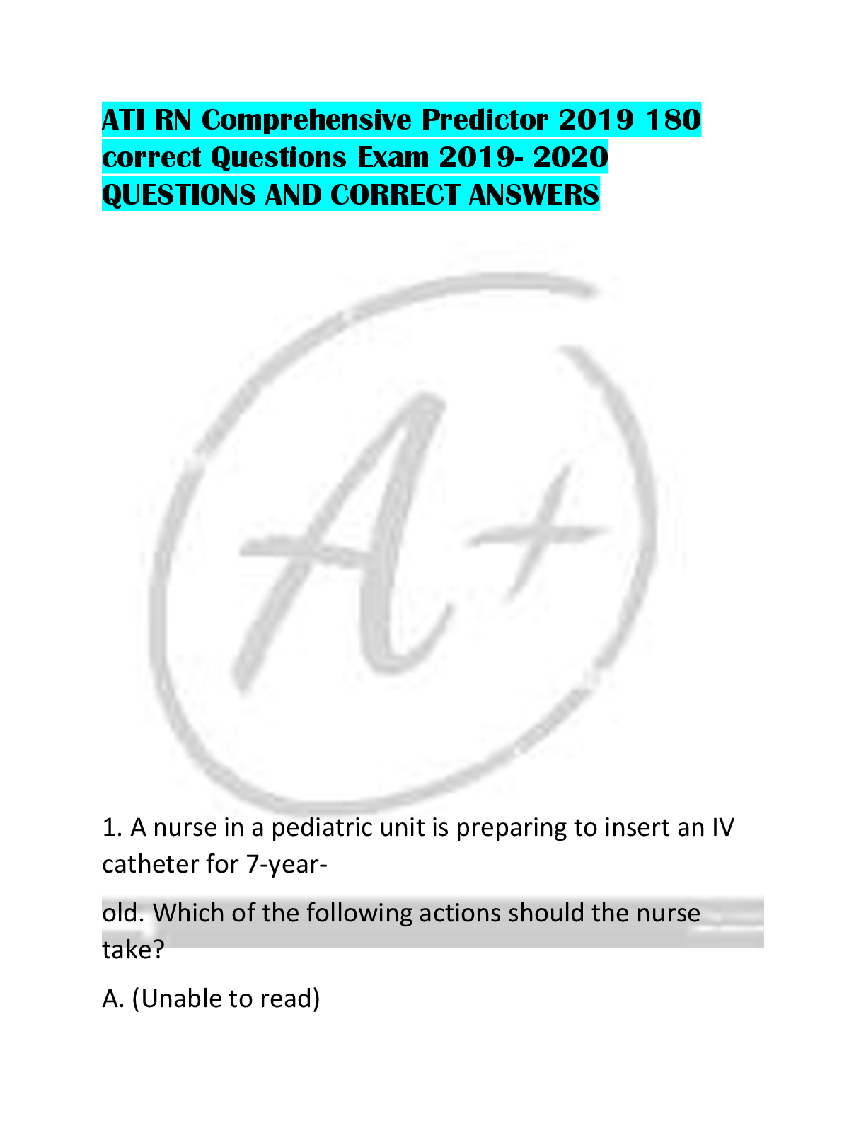 Preview of ATI RN Comprehensive Predictor 2019 180 correct Questions Exam 2019- 2020 QUESTIONS AND CORRECT ANSWERS