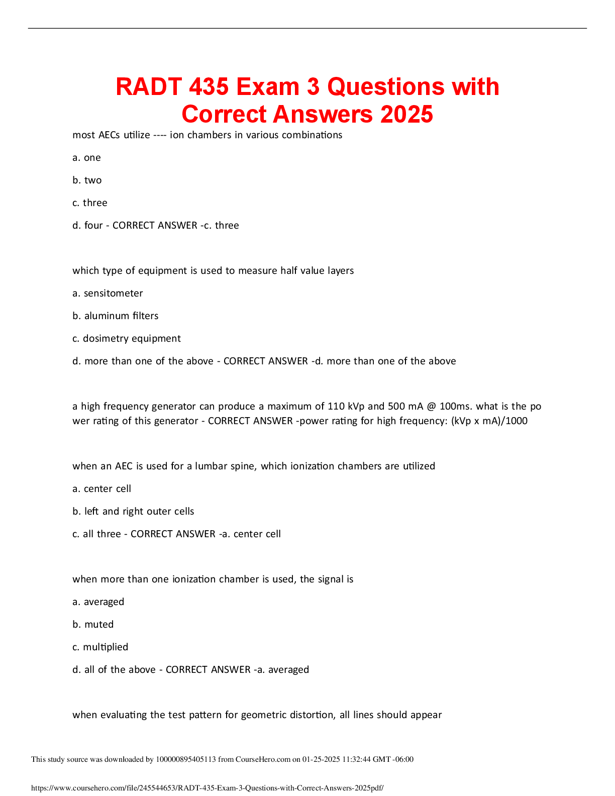 Preview of RADT 435 Exam 3 Questions with Correct Answers 2025