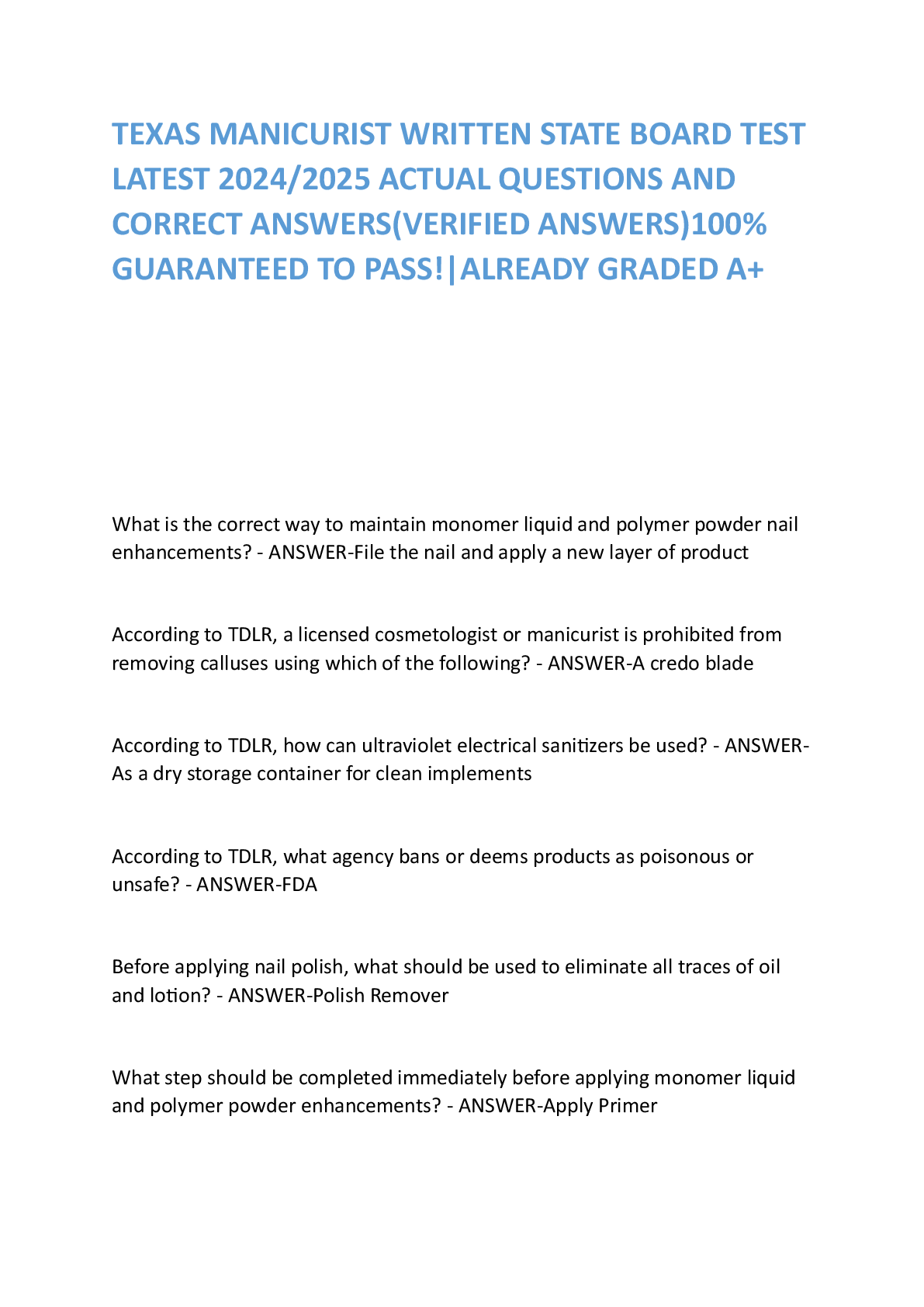 Preview of TEXAS MANICURIST WRITTEN STATE BOARD TEST LATEST 20242025 ACTUAL QUESTIONS AND CORRECT ANS