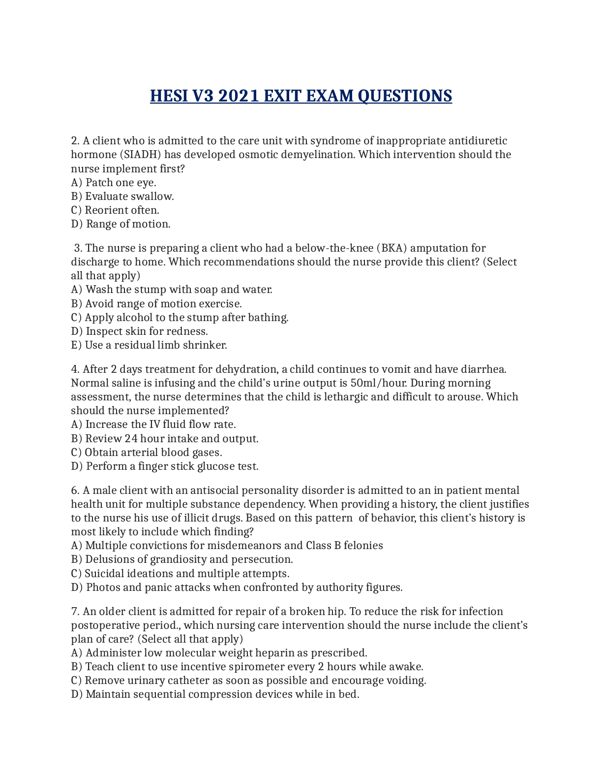 Preview of HESI V3 2021 EXIT EXAM QUESTIONS 2024
