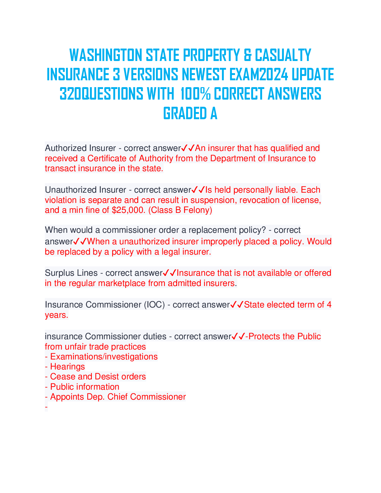 Preview of WASHINGTON STATE PROPERTY & CASUALTY INSURANCE 3 VERSIONS NEWEST EXAM 2024 UPDATE 320 QUES