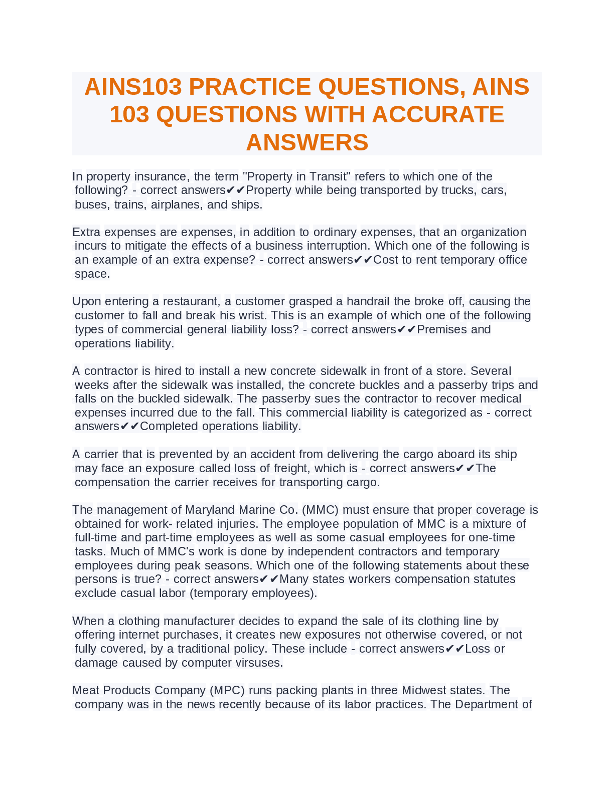 Preview of AINS103 PRACTICE QUESTIONS, AINS 103 QUESTIONS WITH ACCURATE ANSWERS