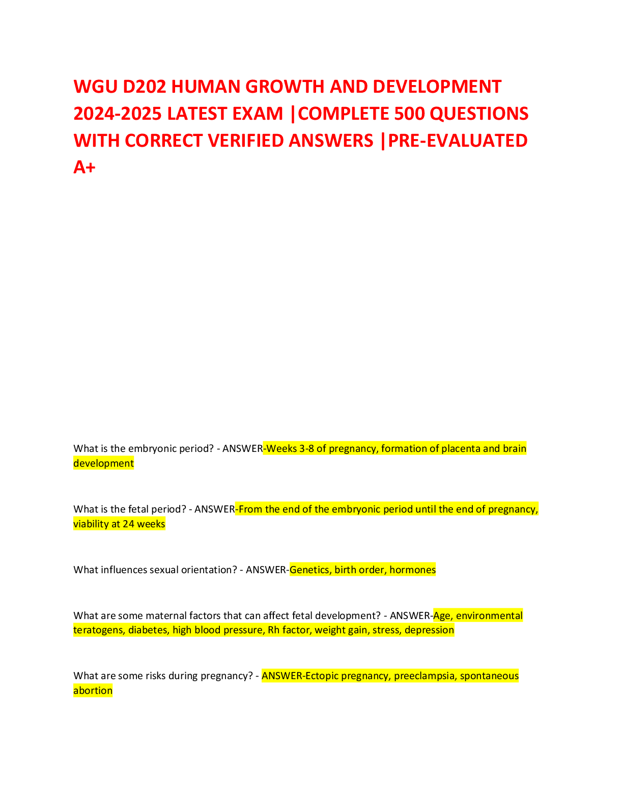 Preview of WGU D202 HUMAN GROWTH AND DEVELOPMENT 2024-2025 LATEST EXAM COMPLETE 500 QUESTIONS WITH CORRECT VERIFIED ANSWERS PRE-EVALUATED A+