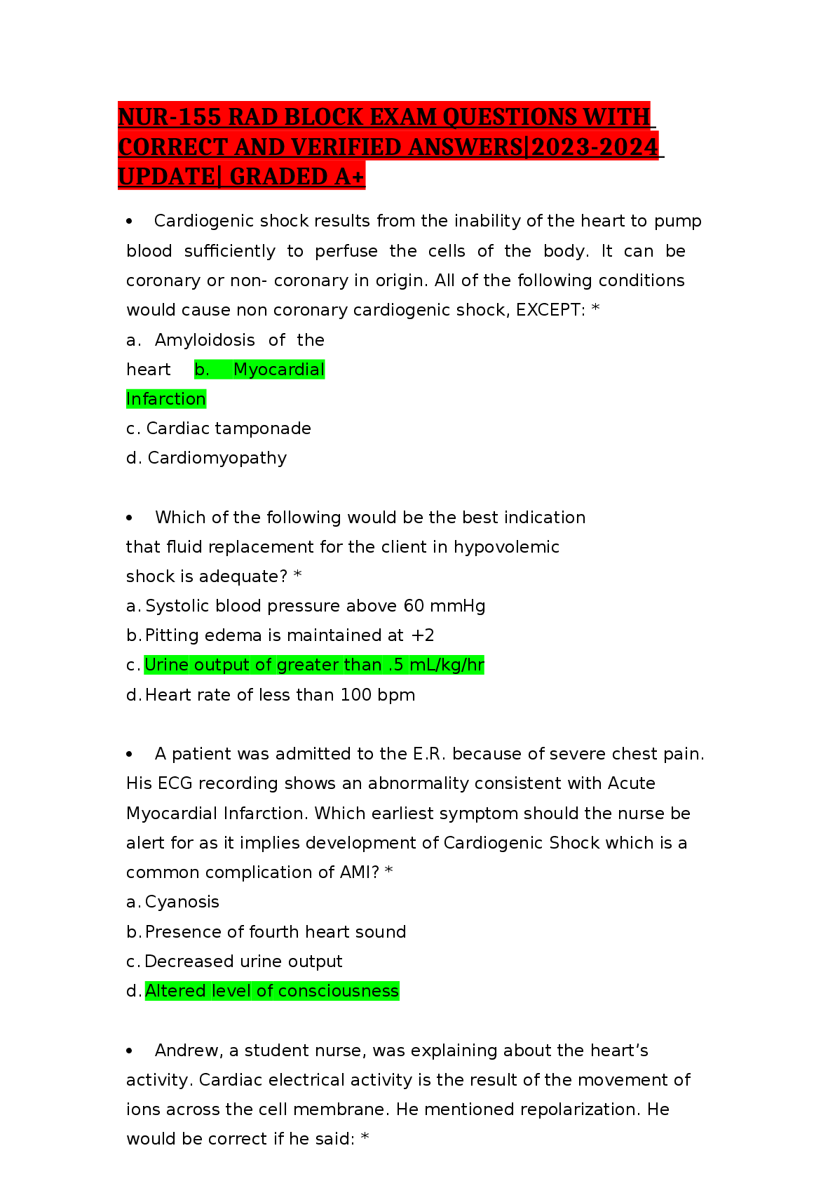 Recommended document preview for NUR-155 RAD BLOCK EXAM QUESTIONS WITH CORRECT AND VERIFIED ANSWERS 2023-2024 UPDATE GRADED A+