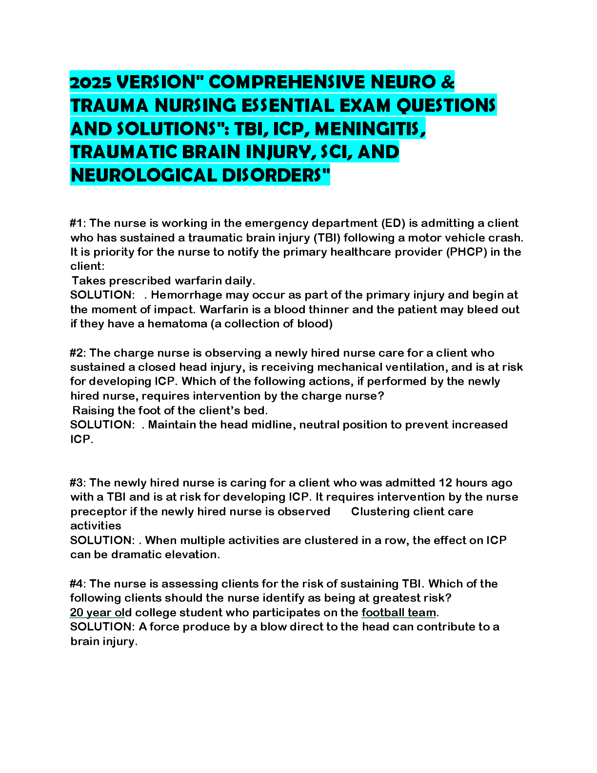 Preview of 2025 VERSION COMPREHENSIVE NEURO & TRAUMA NURSING ESSENTIAL EXAM QUESTIONS AND SOLUTIONS T
