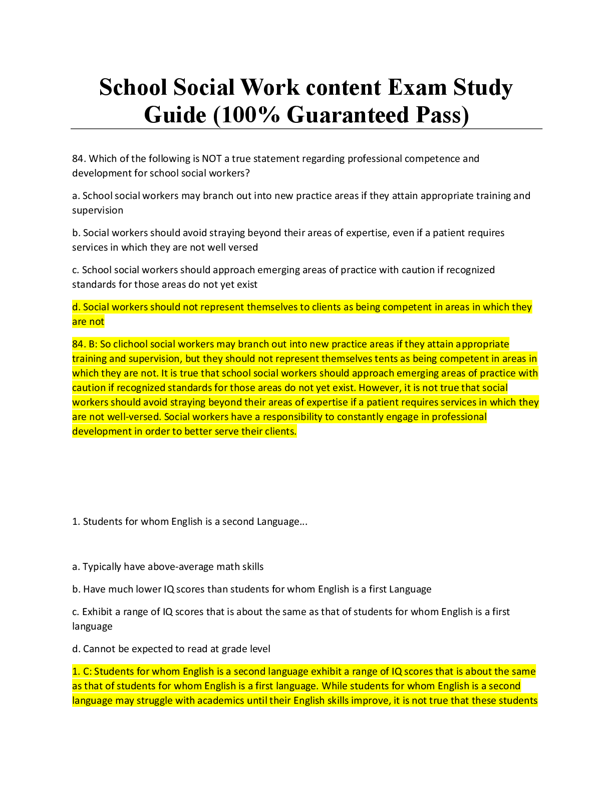 Preview of School Social Work content Exam Study Guide (100% Guaranteed Pass)