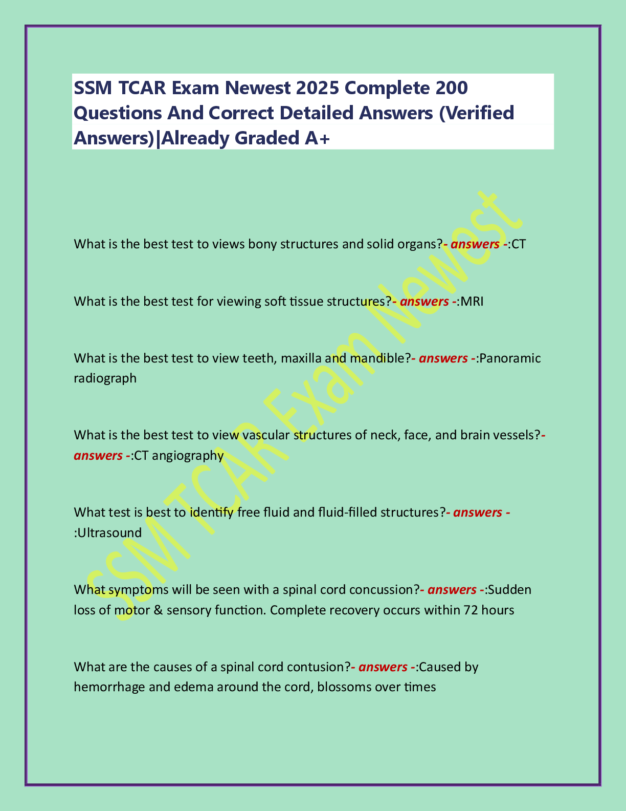Preview image for SSM TCAR Exam Newest 2025 Complete 200  Questions And Correct Detailed Answers (Verified  Answers)|Already Graded A+