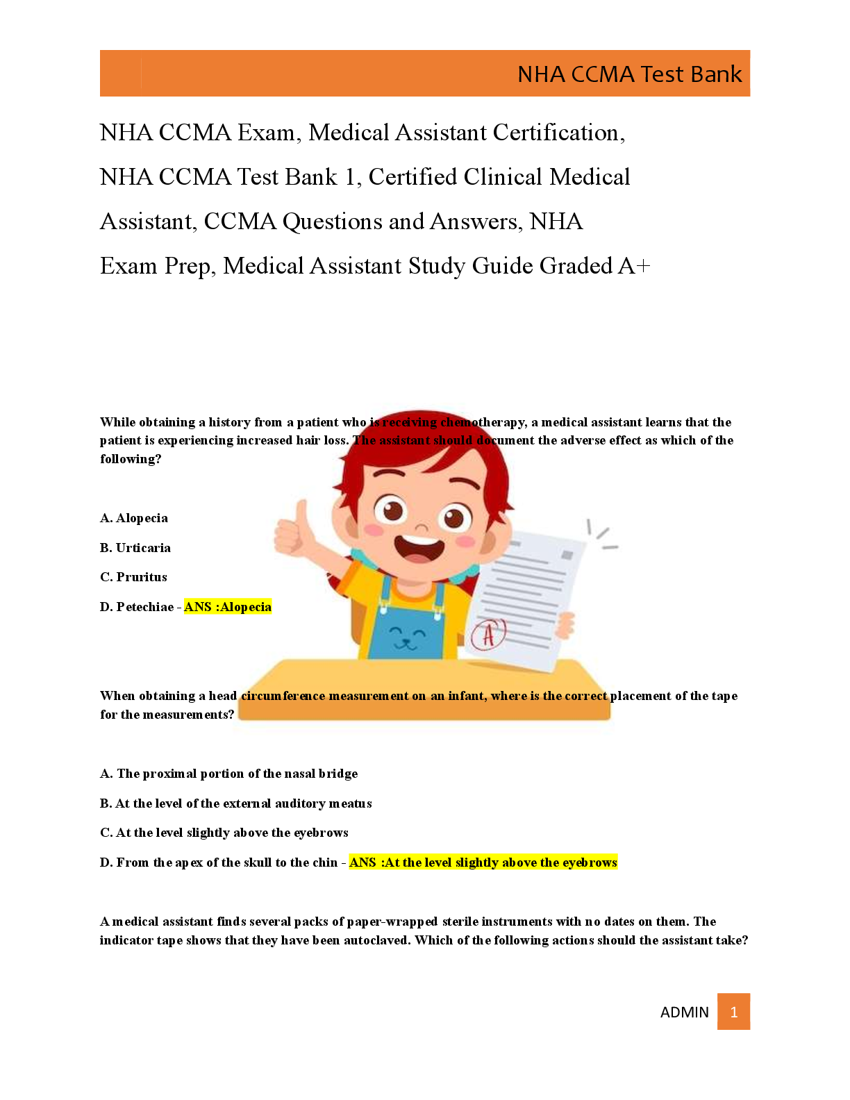 NHA CCMA Exam, Medical Assistant Certification,   NHA CCMA Test Bank 1, Certified Clinical Medical   Assistant, CCMA Questions and Answers, NHA   Exam Prep, Medical Assistant Study Guide Graded A+