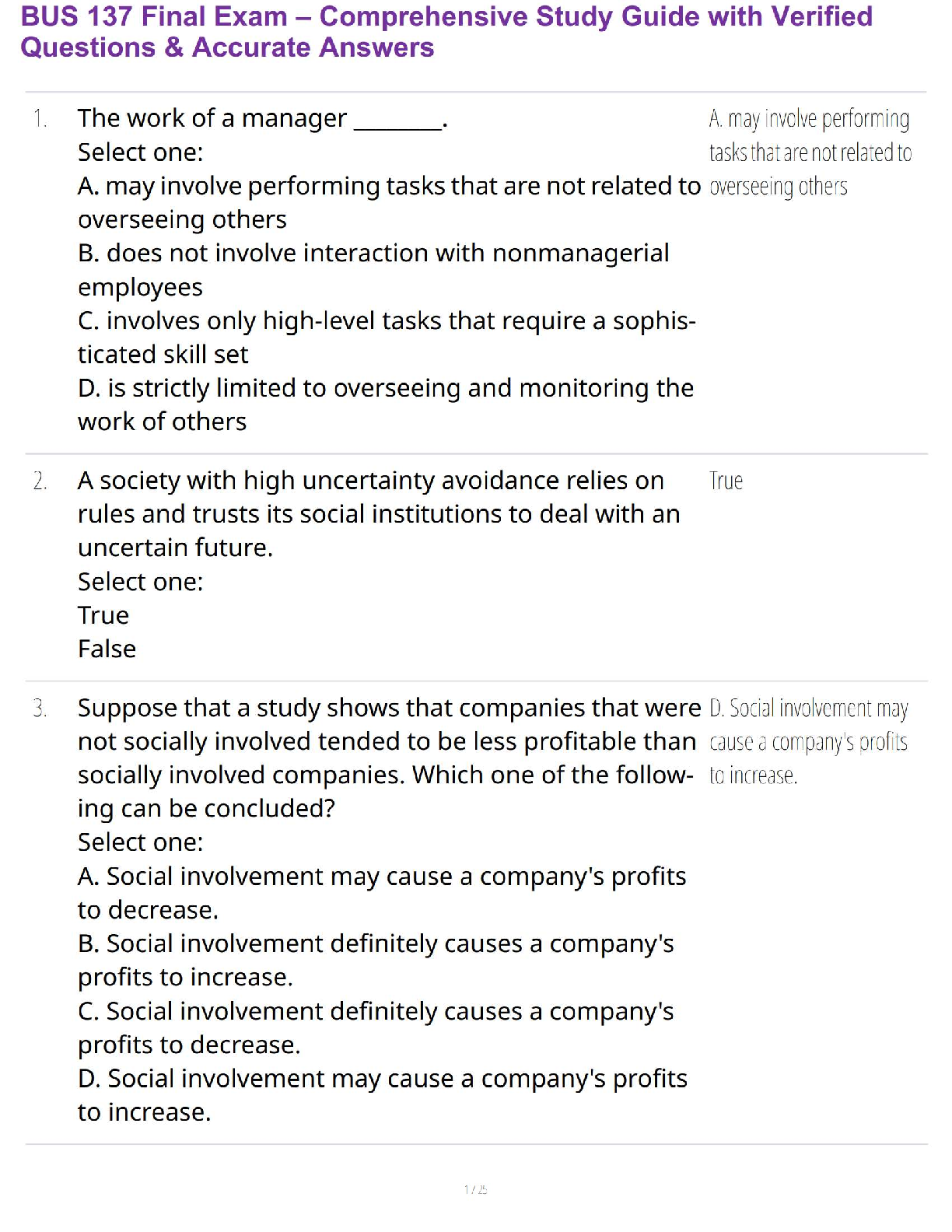 BUS 137 Final Exam – Comprehensive Study Guide with Verified Questions & Accurate Answers