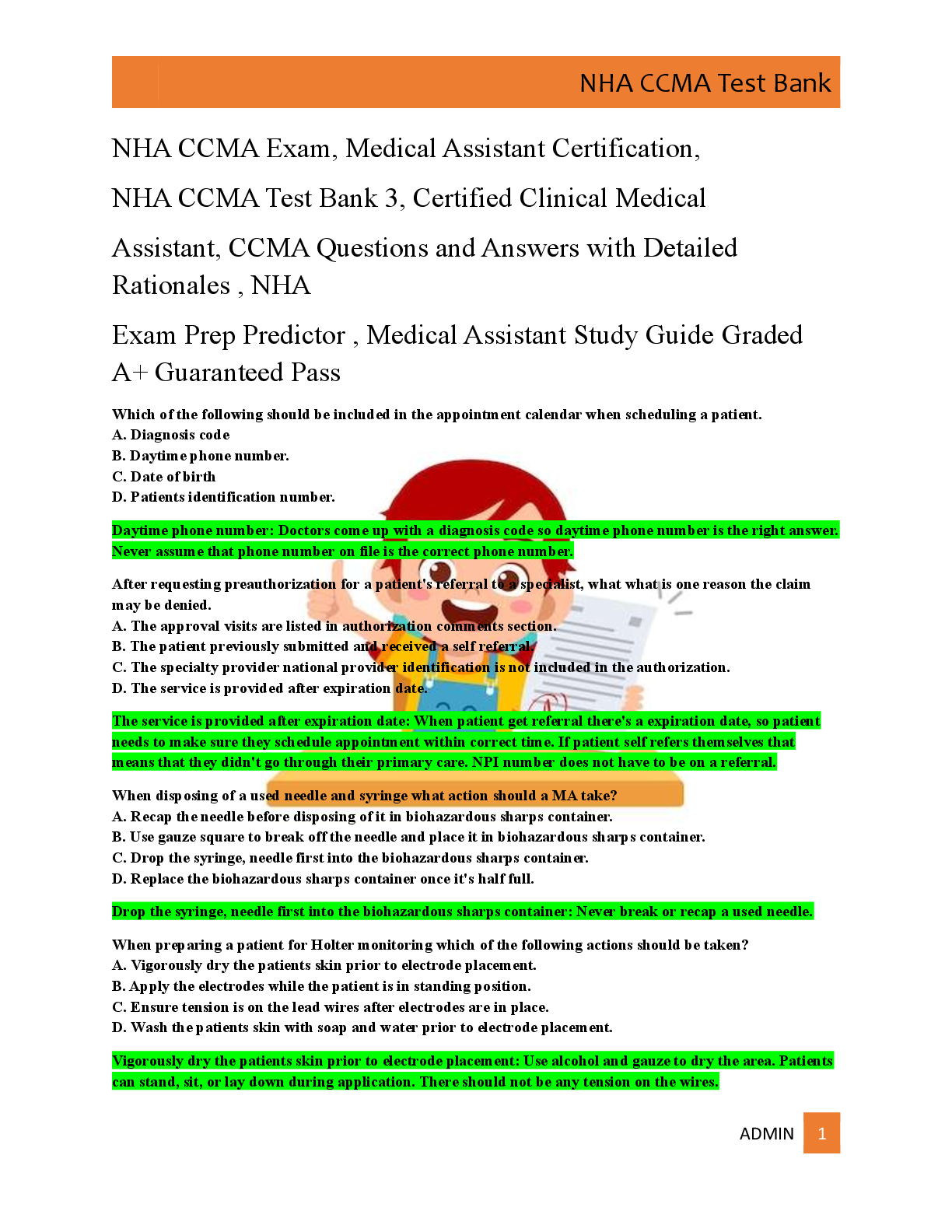NHA CCMA Exam, Medical Assistant Certification,   NHA CCMA Test Bank 3, Certified Clinical Medical   Assistant, CCMA Questions and Answers with Detailed  Rationales , NHA   Exam Prep Predictor , Medical Assistant Study Guide Graded  A+ Guaranteed Pass