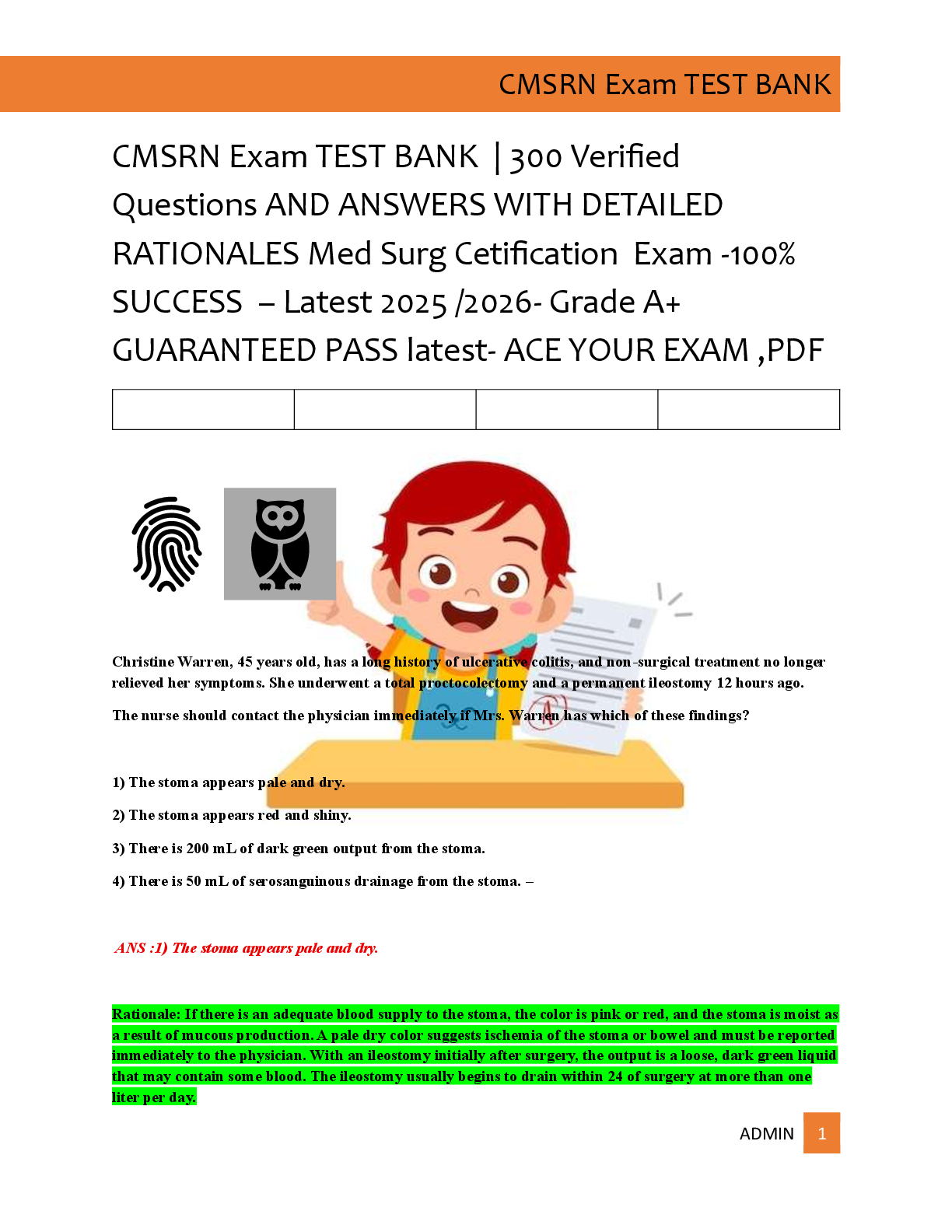 CMSRN Exam TEST BANK  | 300 Verified   Questions AND ANSWERS WITH DETAILED  RATIONALES Med Surg Cetification  Exam -100%  SUCCESS  – Latest 2025 /2026- Grade A+  GUARANTEED PASS latest- ACE YOUR EXAM ,PDF