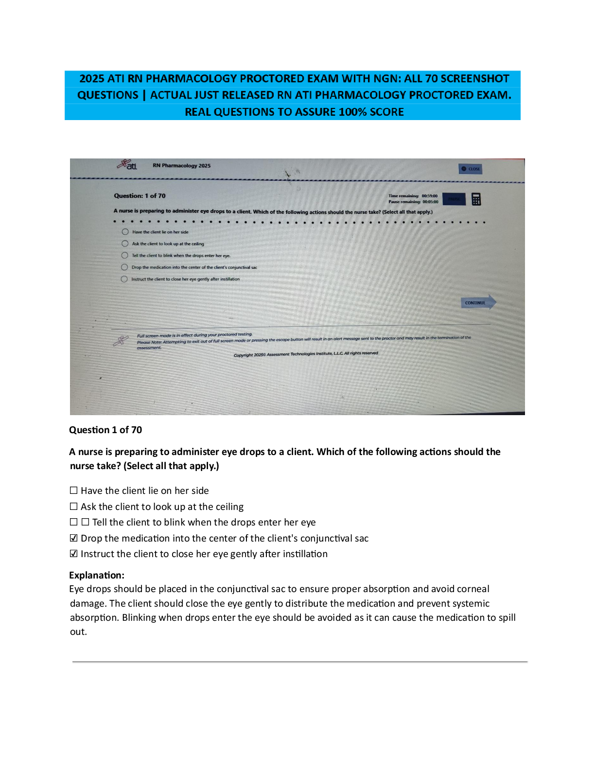 Preview image for Latest ATI PN Pharmacology Proctored Exam 2023/2025 with NGN: 60 Verified Screenshot Questions and Answers | 100% from ATI | Assures Highest Score