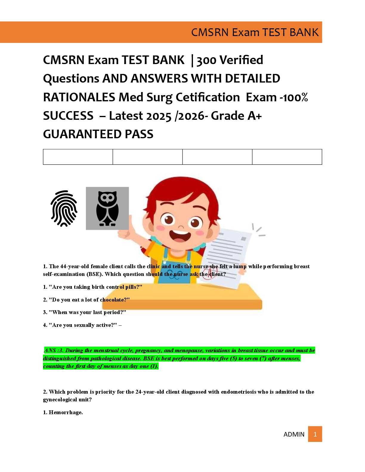 CMSRN Exam TEST BANK  | 300 Verified   Questions AND ANSWERS WITH DETAILED  RATIONALES Med Surg Cetification  Exam -100%  SUCCESS  – Latest 2025 /2026- Grade A+  GUARANTEED PASS