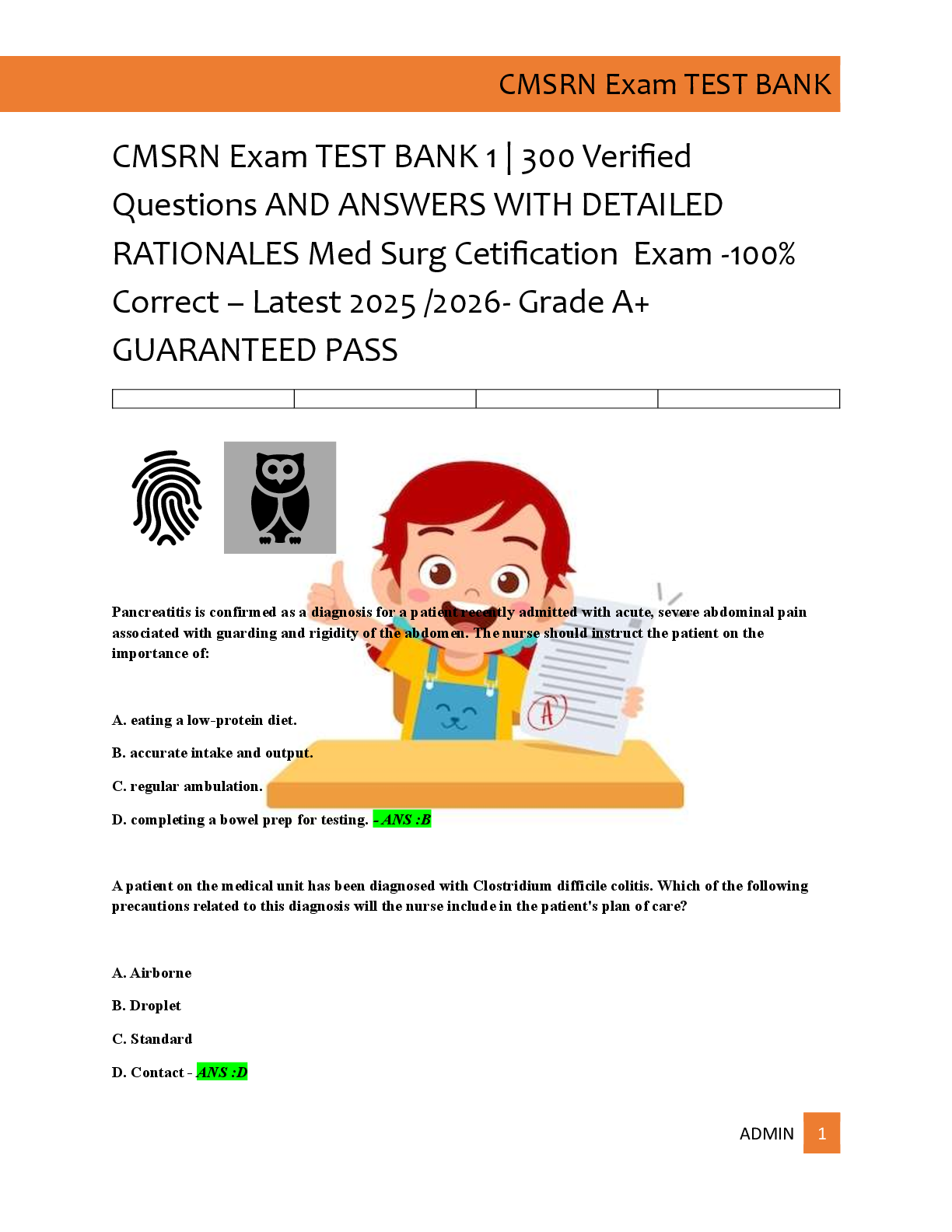 Preview of CMSRN Exam TEST BANK 1 | 300 Verified   Questions AND ANSWERS WITH DETAILED  RATIONALES Med Surg Cetification  Exam -100%  Correct – Latest 2025 /2026- Grade A+  GUARANTEED PASS