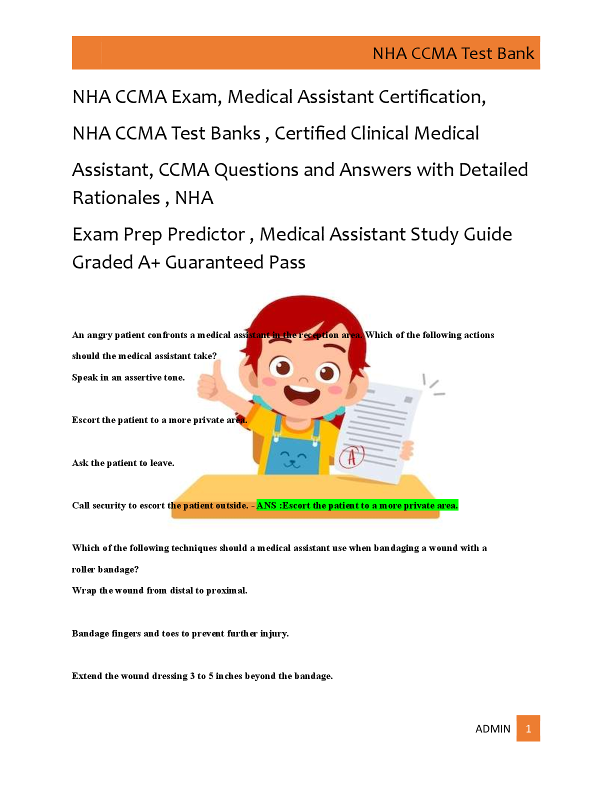 NHA CCMA Exam, Medical Assistant Certification,   NHA CCMA Test Banks , Certified Clinical Medical   Assistant, CCMA Questions and Answers with Detailed  Rationales , NHA   Exam Prep Predictor , Medical Assistant Study Guide  Graded A+ Guaranteed Pass