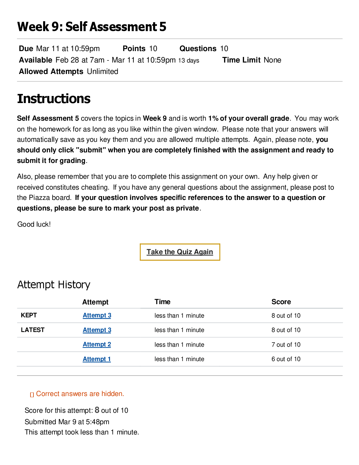 MGT 6203 Self Assessment 5 | Score 8/10 | Georgia Institute of Technology