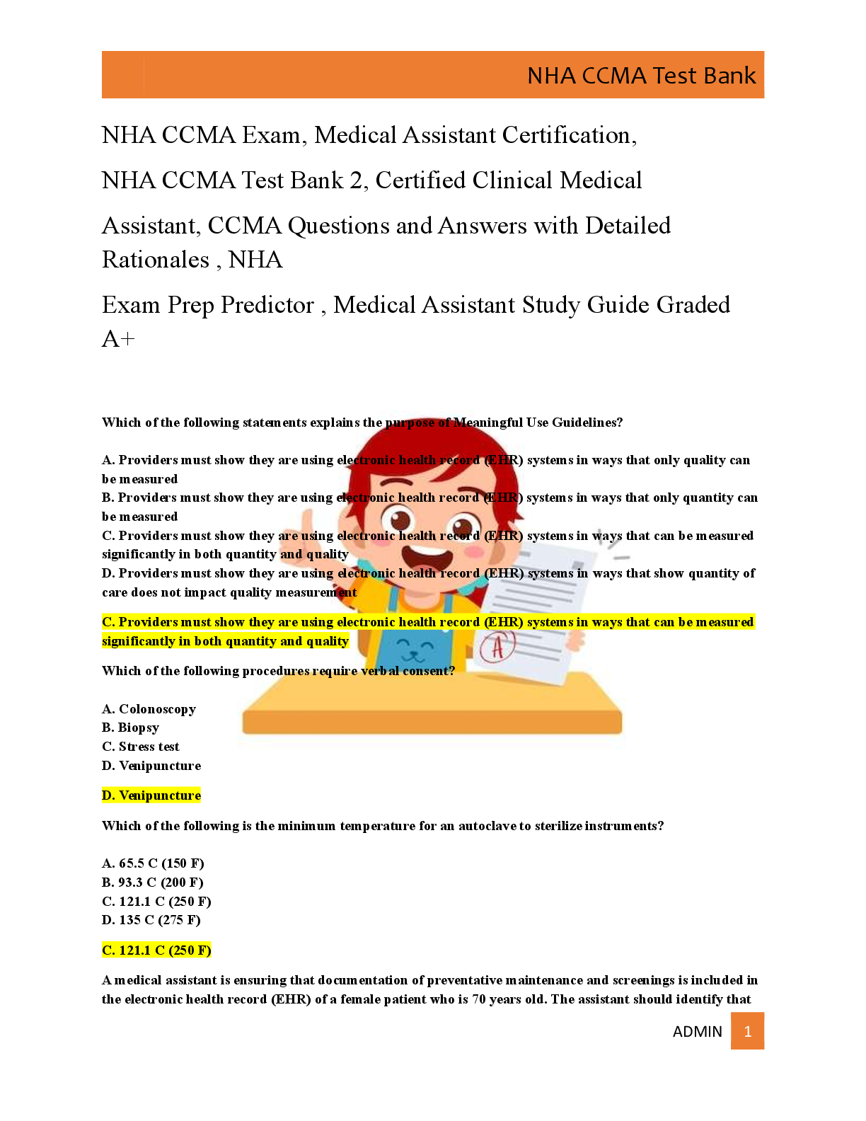 NHA CCMA Exam, Medical Assistant Certification,   NHA CCMA Test Bank 2, Certified Clinical Medical   Assistant, CCMA Questions and Answers with Detailed  Rationales , NHA   Exam Prep Predictor , Medical Assistant Study Guide Graded  A+