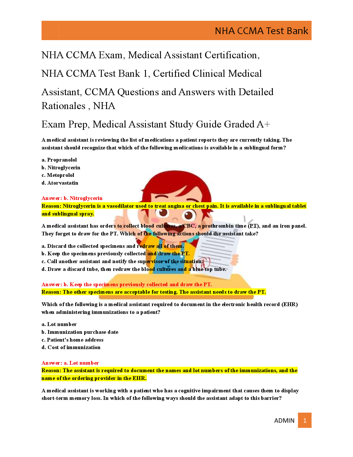 NHA CCMA Exam, Medical Assistant Certification,   NHA CCMA Test Bank 1, Certified Clinical Medical   Assistant, CCMA Questions and Answers with Detailed  Rationales , NHA   Exam Prep, Medical Assistant Study Guide Graded A+