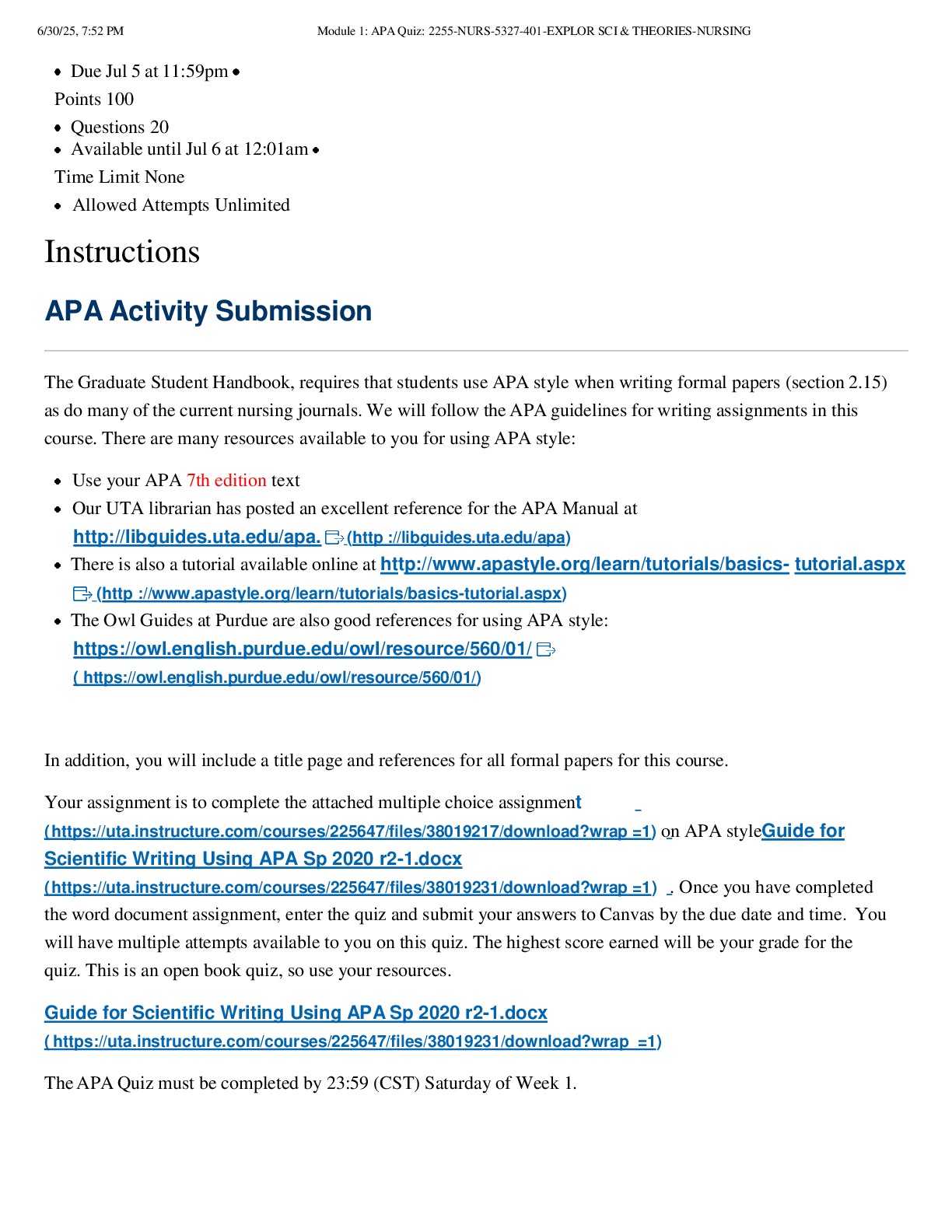 Recommended document preview for NURS N 5327 Module 1 APA Quiz (Summer 2025) | Score 100% | UNIVERSITY OF TEXAS, ARLINGTON